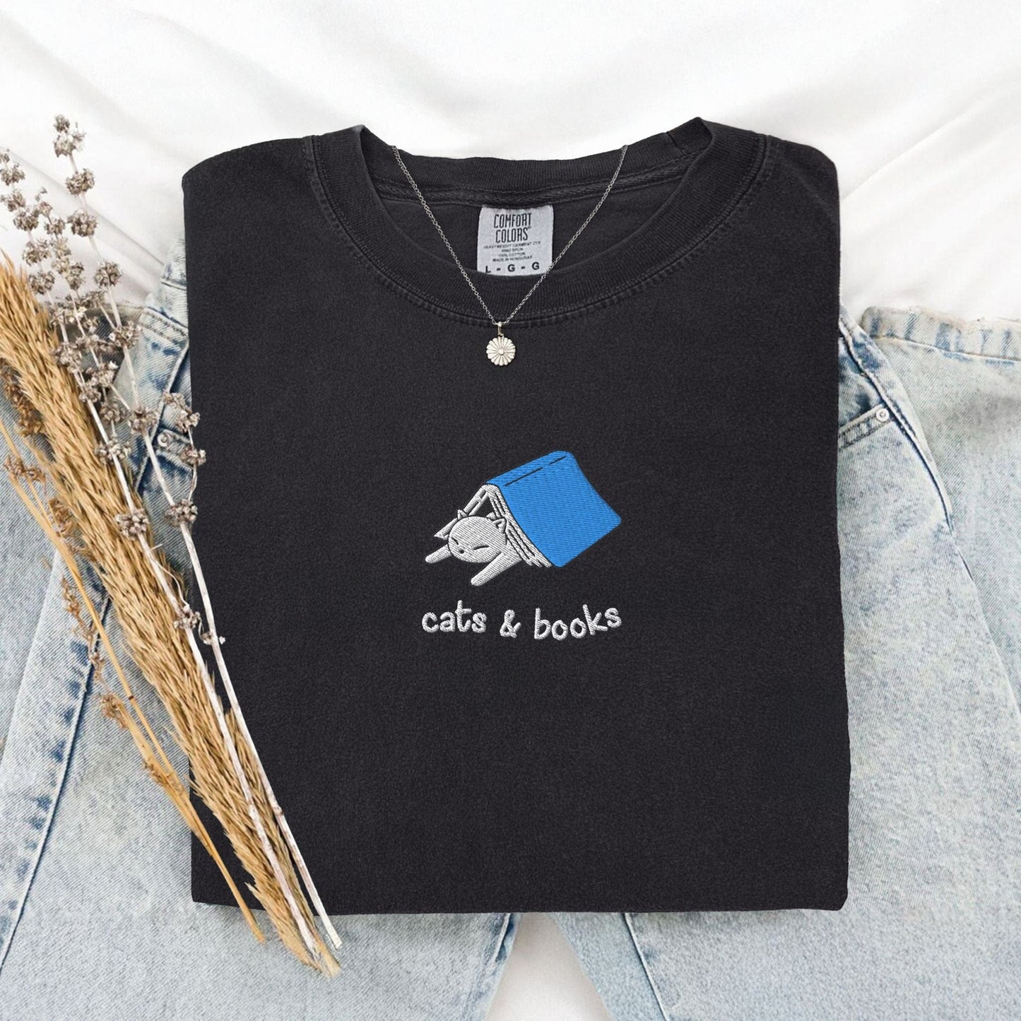 My Store Cats and Books Embroidered Comfort Colors T-Shirt Cats and Books Embroidered Comfort Colors T-Shirt