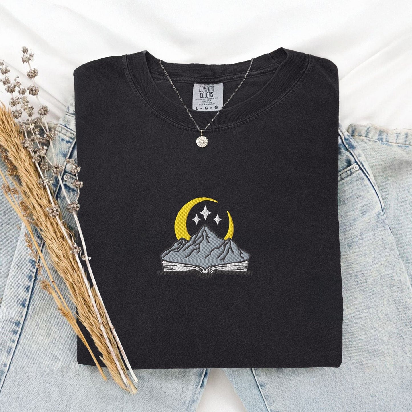 My Store Embroidered open book with mountain and stars, comfort colors embroidered fantasy book tee, ACOTAR merch Fourth Wing Romantasy bookish gift Embroidered open book with mountain and stars, comfort colors embroidered fantasy book tee, ACOTAR merch Fourth Wing Romantasy bookish gift