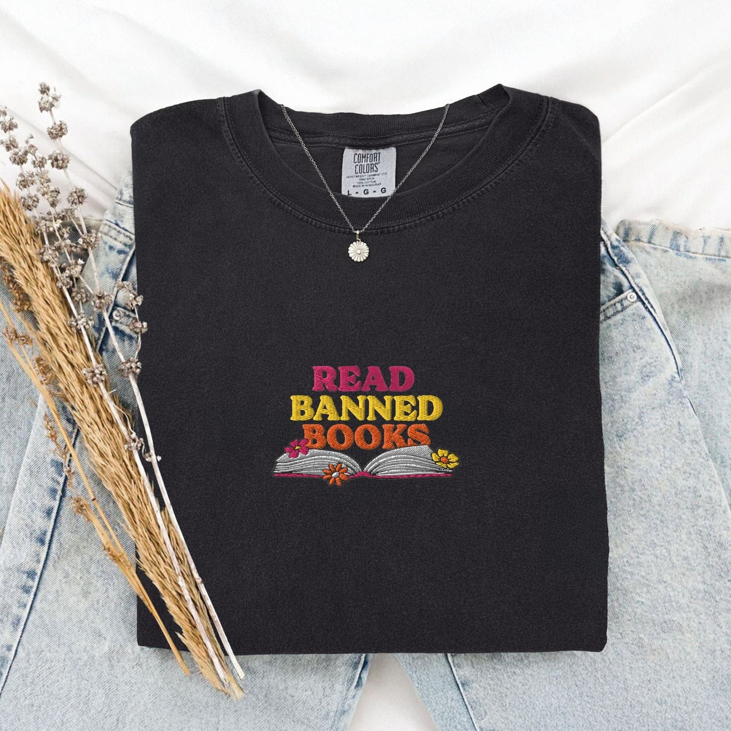 My Store Read Banned Books Rainbow Flowers Embroidered T-Shirt Read Banned Books Rainbow Flowers Embroidered T-Shirt