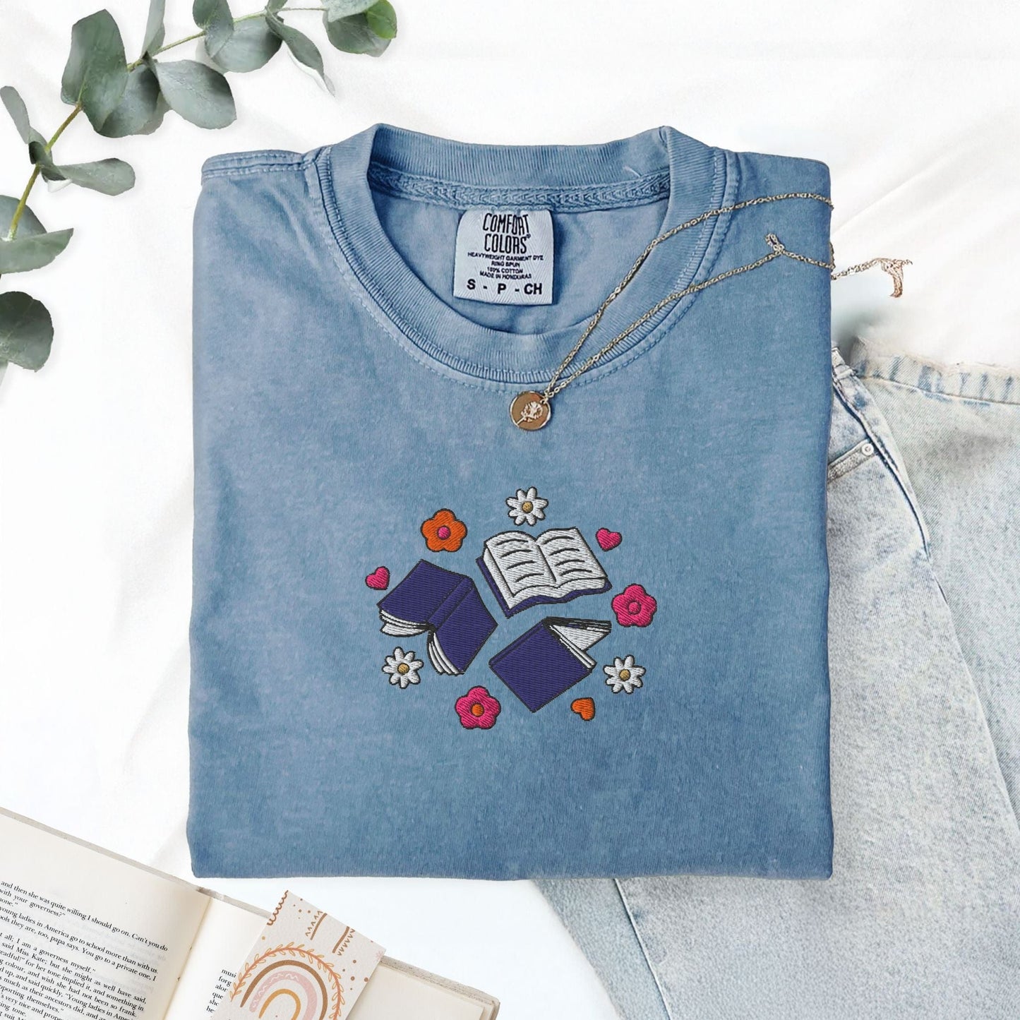 My Store Books and Flowers Embroidered Book Lover T-Shirt Books and Flowers Embroidered Book Lover T-Shirt