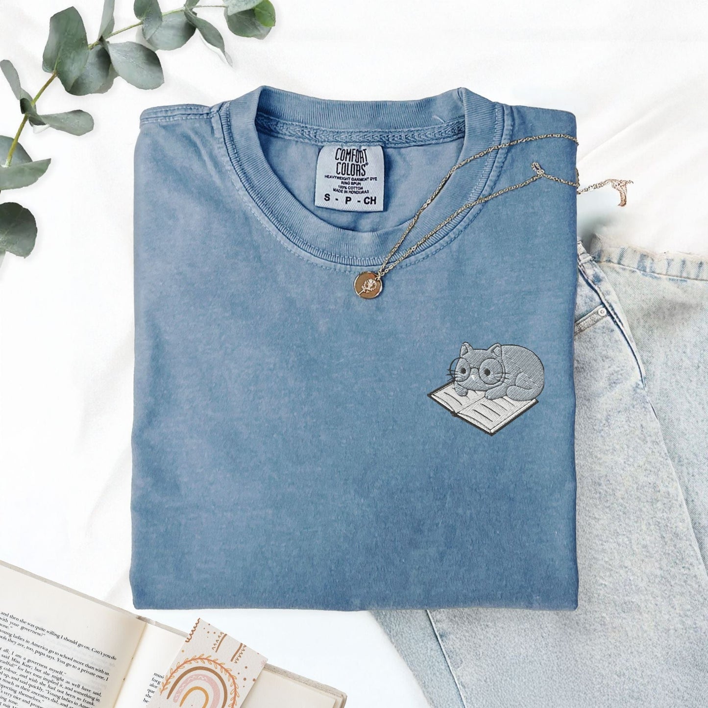 My Store Cute Embroidered Cat on a Book T-Shirt Cute Embroidered Cat on a Book T-Shirt