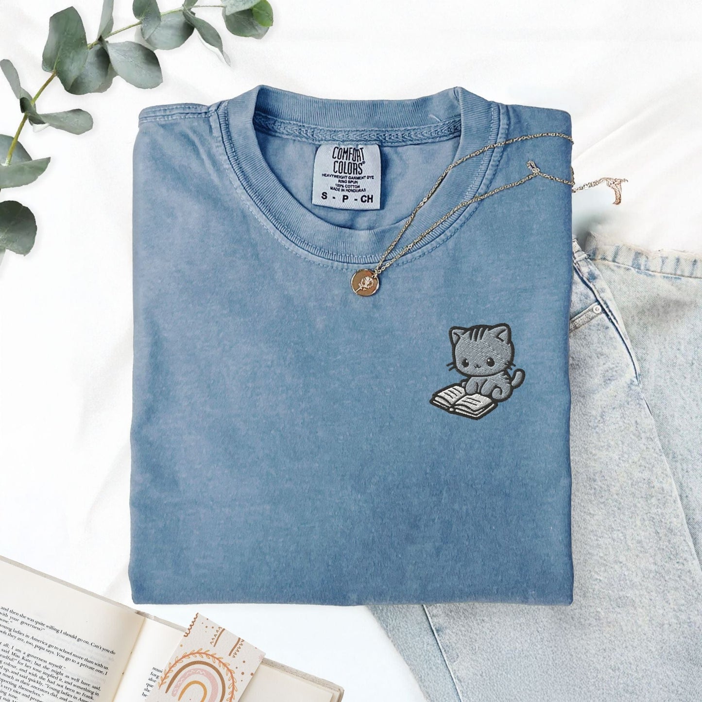 My Store Cute Embroidered Cat Reading a Book Comfort Colors T-Shirt Cute Embroidered Cat Reading a Book Comfort Colors T-Shirt