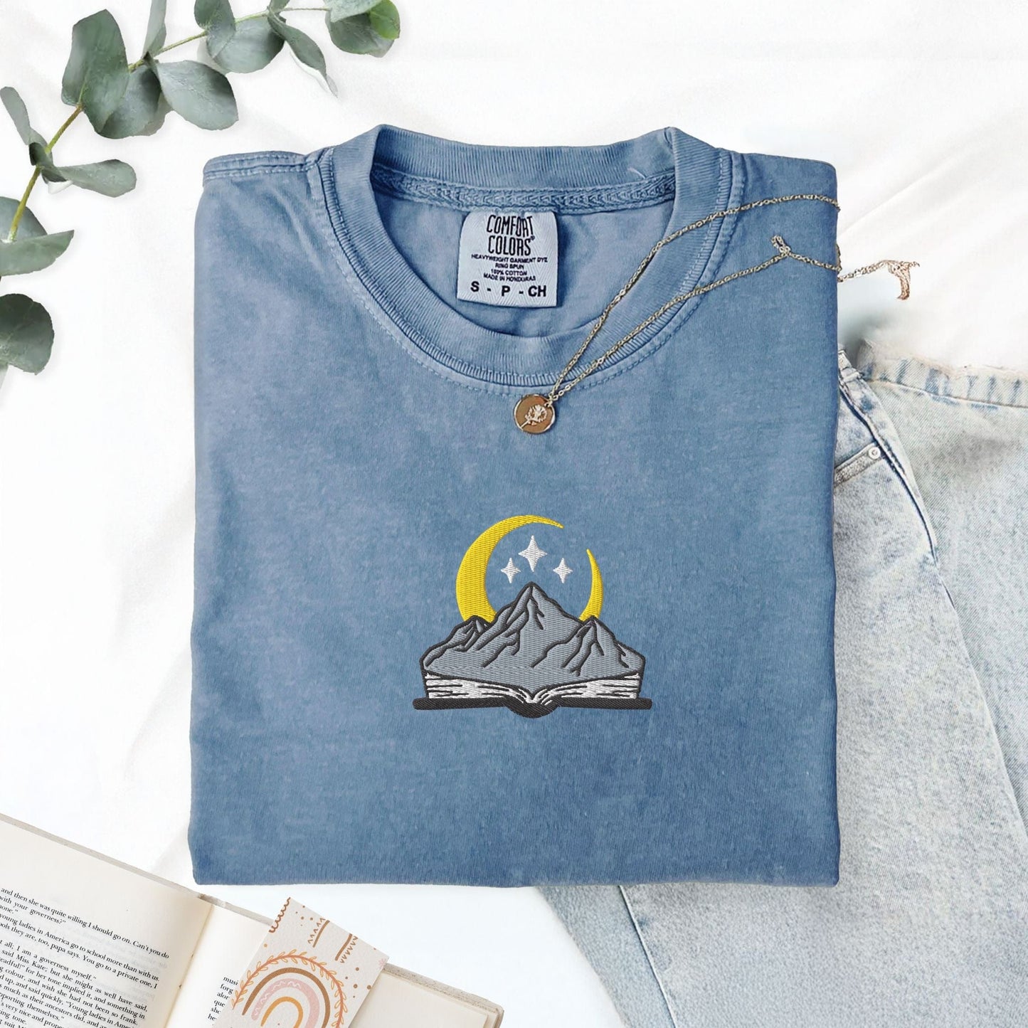 My Store Embroidered open book with mountain and stars, comfort colors embroidered fantasy book tee, ACOTAR merch Fourth Wing Romantasy bookish gift Embroidered open book with mountain and stars, comfort colors embroidered fantasy book tee, ACOTAR merch Fourth Wing Romantasy bookish gift