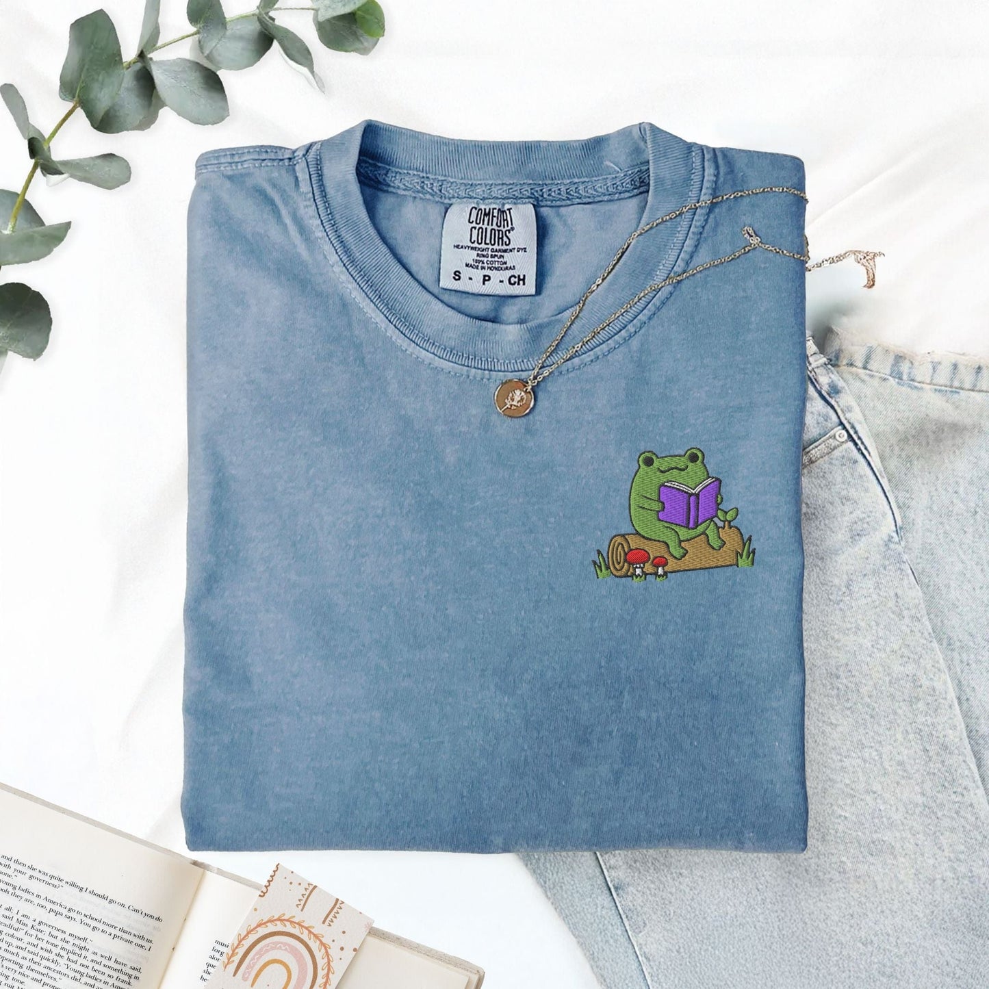 My Store Frog Reading On A Log Cute Embroidered Frog T-Shirt Frog Reading On A Log Cute Embroidered Frog T-Shirt