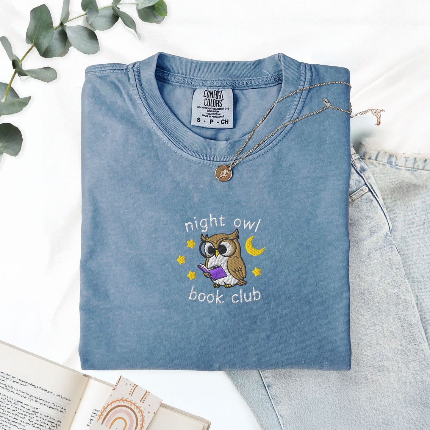 My Store Night Owl Book Club Embroidered Comfort Colors TShirt Night Owl Book Club Embroidered Comfort Colors TShirt