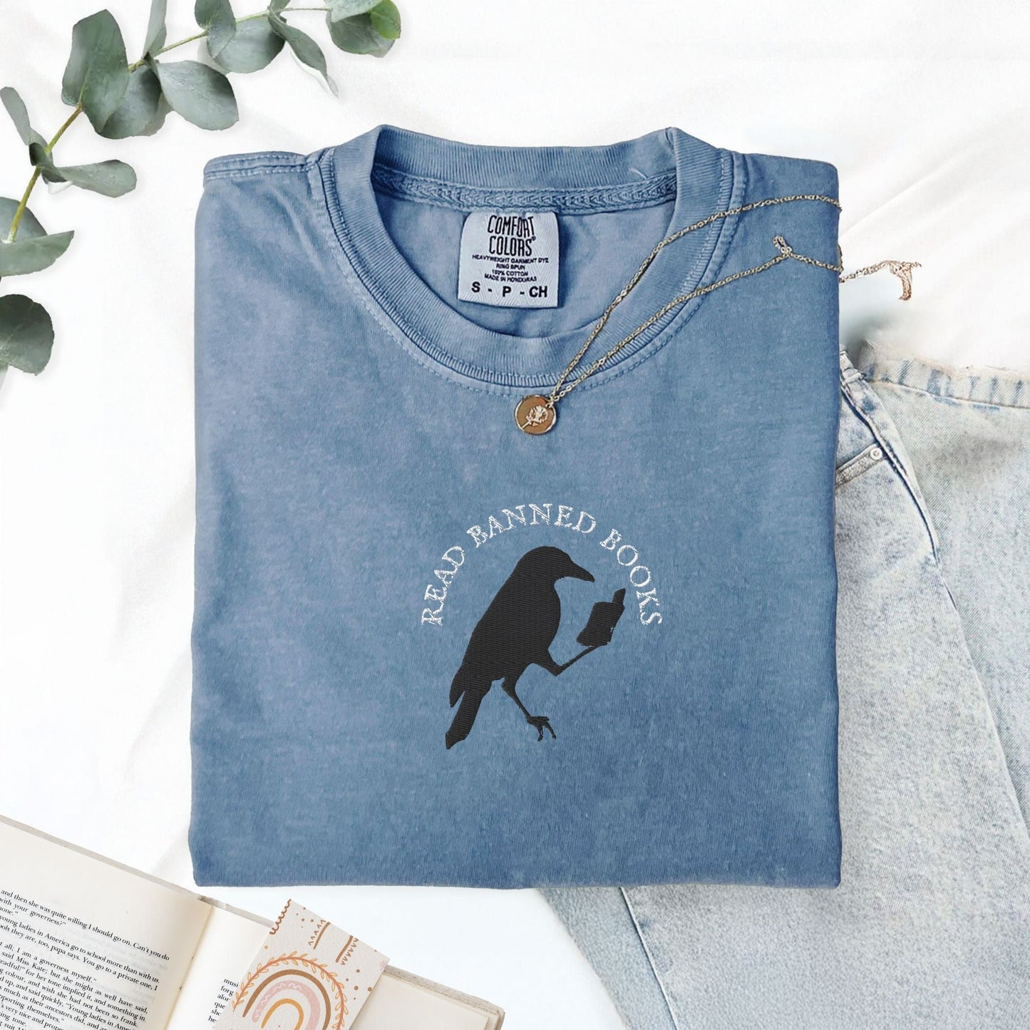 My Store Read Banned Books Edgar Allen Crow Embroidered T-Shirt Read Banned Books Edgar Allen Crow Embroidered T-Shirt