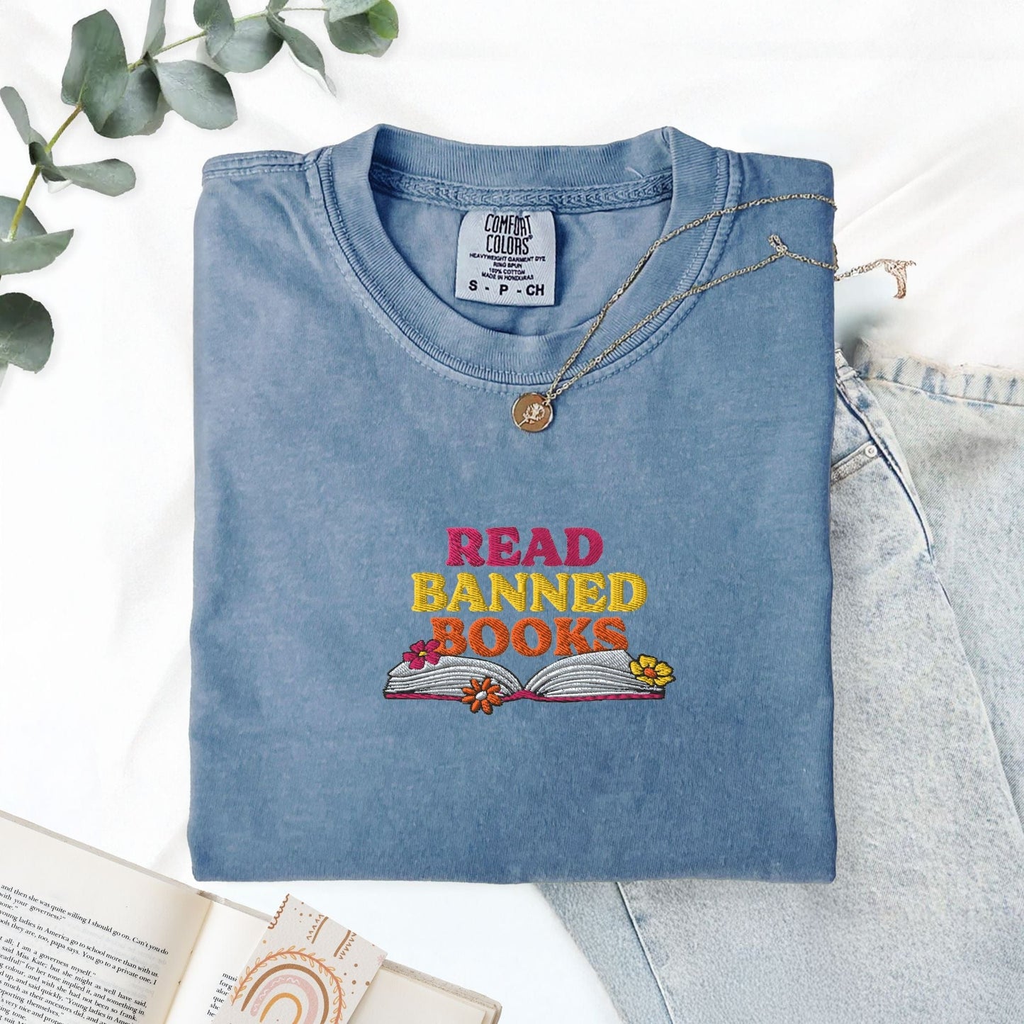 My Store Read Banned Books Rainbow Flowers Embroidered T-Shirt Read Banned Books Rainbow Flowers Embroidered T-Shirt