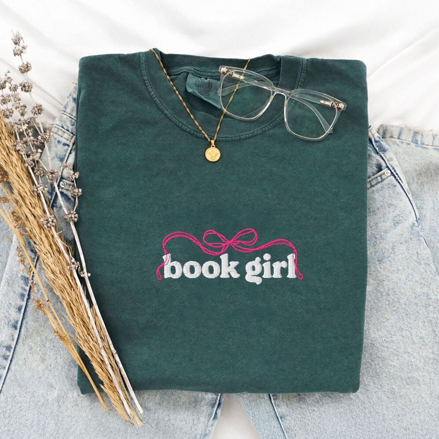 My Store Book Girl Embroidered Coquette Bow Cute Book Tee Book Girl Embroidered Coquette Bow Cute Book Tee