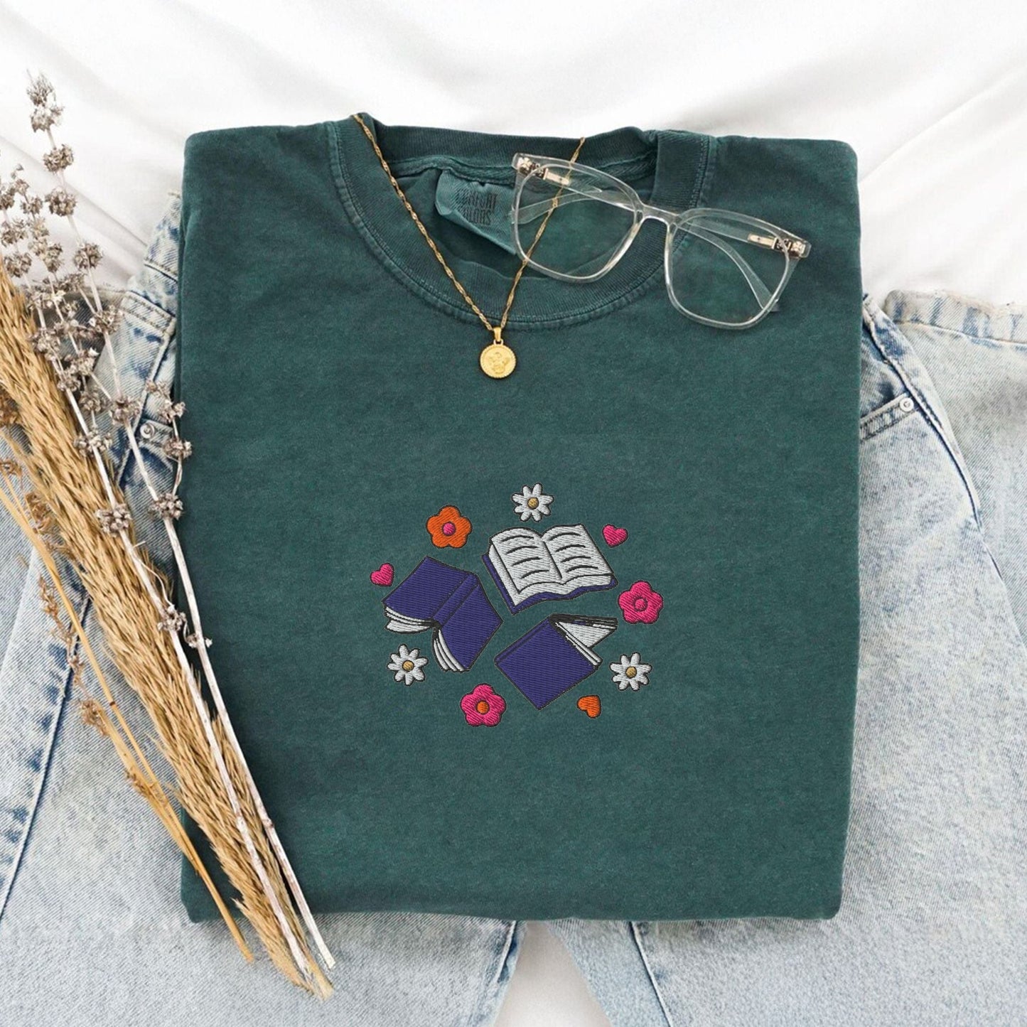 My Store Books and Flowers Embroidered Book Lover T-Shirt Books and Flowers Embroidered Book Lover T-Shirt