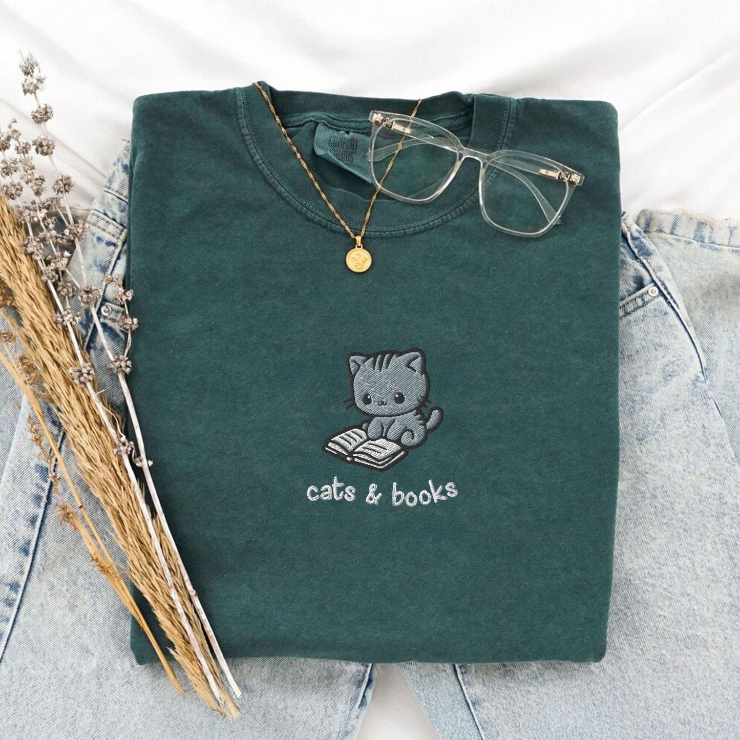 My Store Cats and Books Cute Embroidered T-Shirt Cats and Books Cute Embroidered T-Shirt