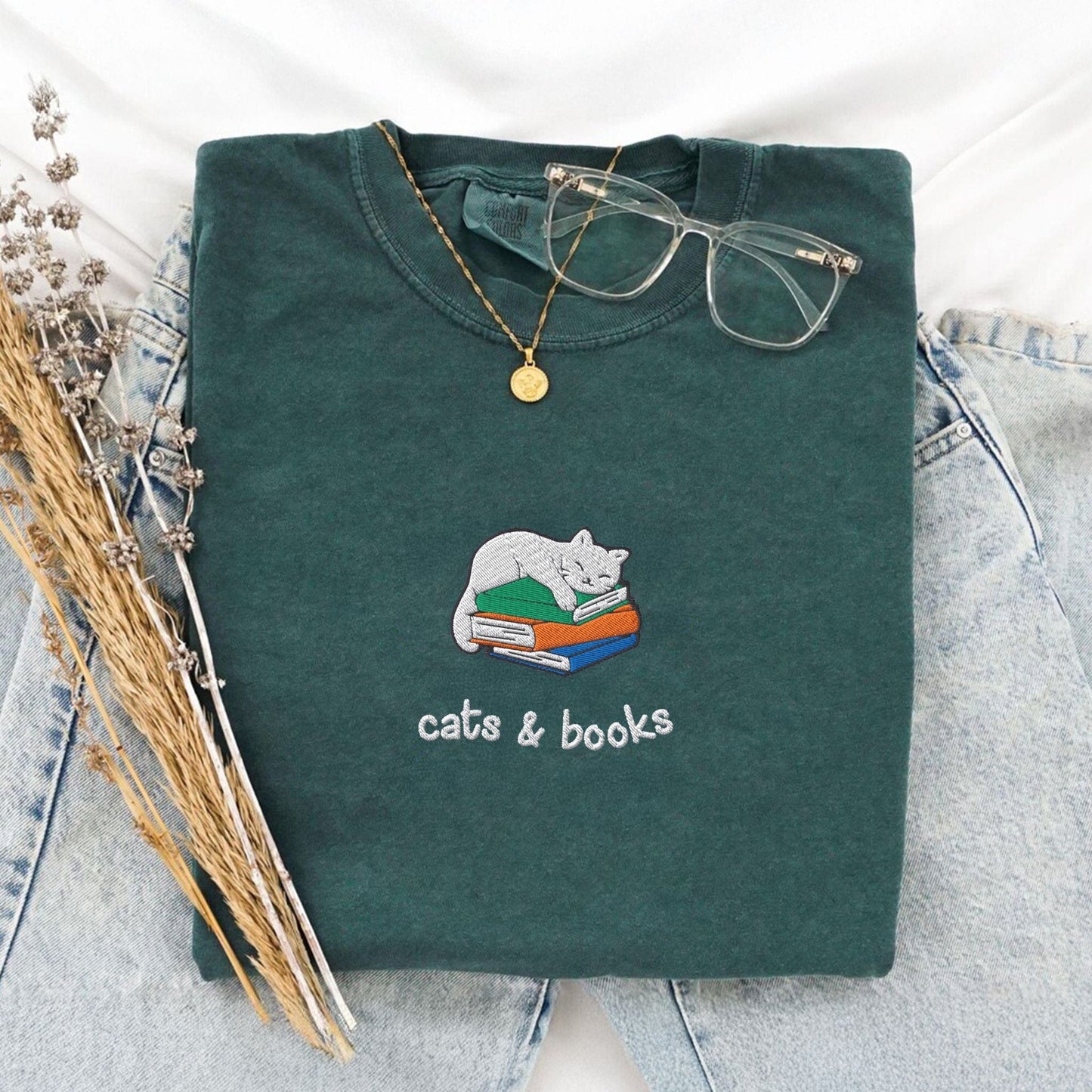 My Store Cats and Books Embroidered Comfort Colors T-Shirt Cats and Books Embroidered Comfort Colors T-Shirt