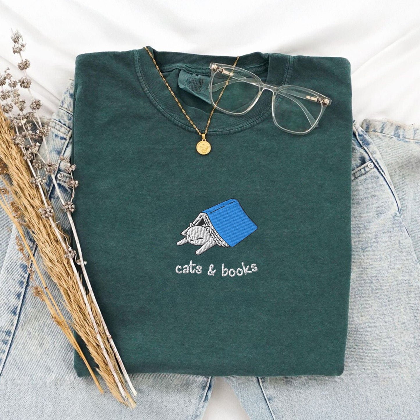 My Store Cats and Books Embroidered Comfort Colors T-Shirt Cats and Books Embroidered Comfort Colors T-Shirt