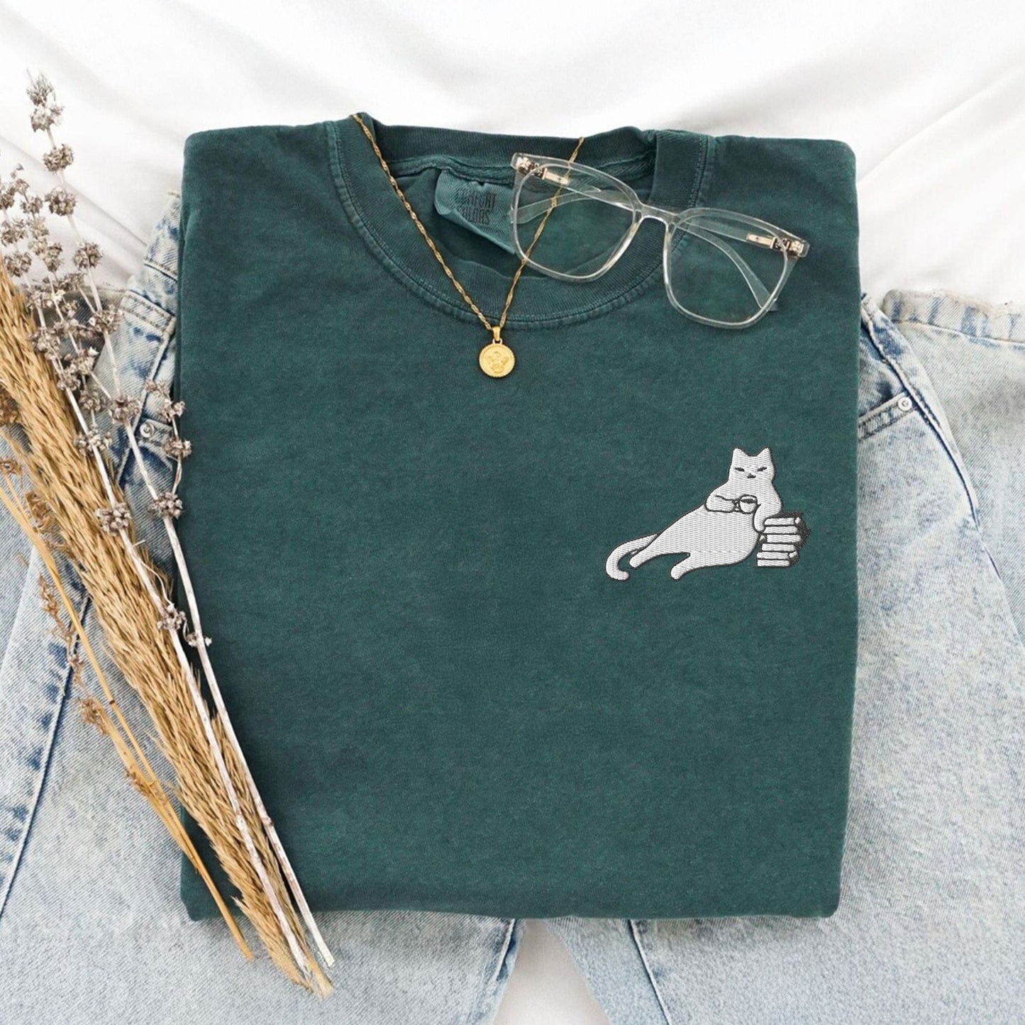 My Store Cats, Coffee, and Books Swaggy Embroidered Cat T-Shirt Cats, Coffee, and Books Swaggy Embroidered Cat T-Shirt