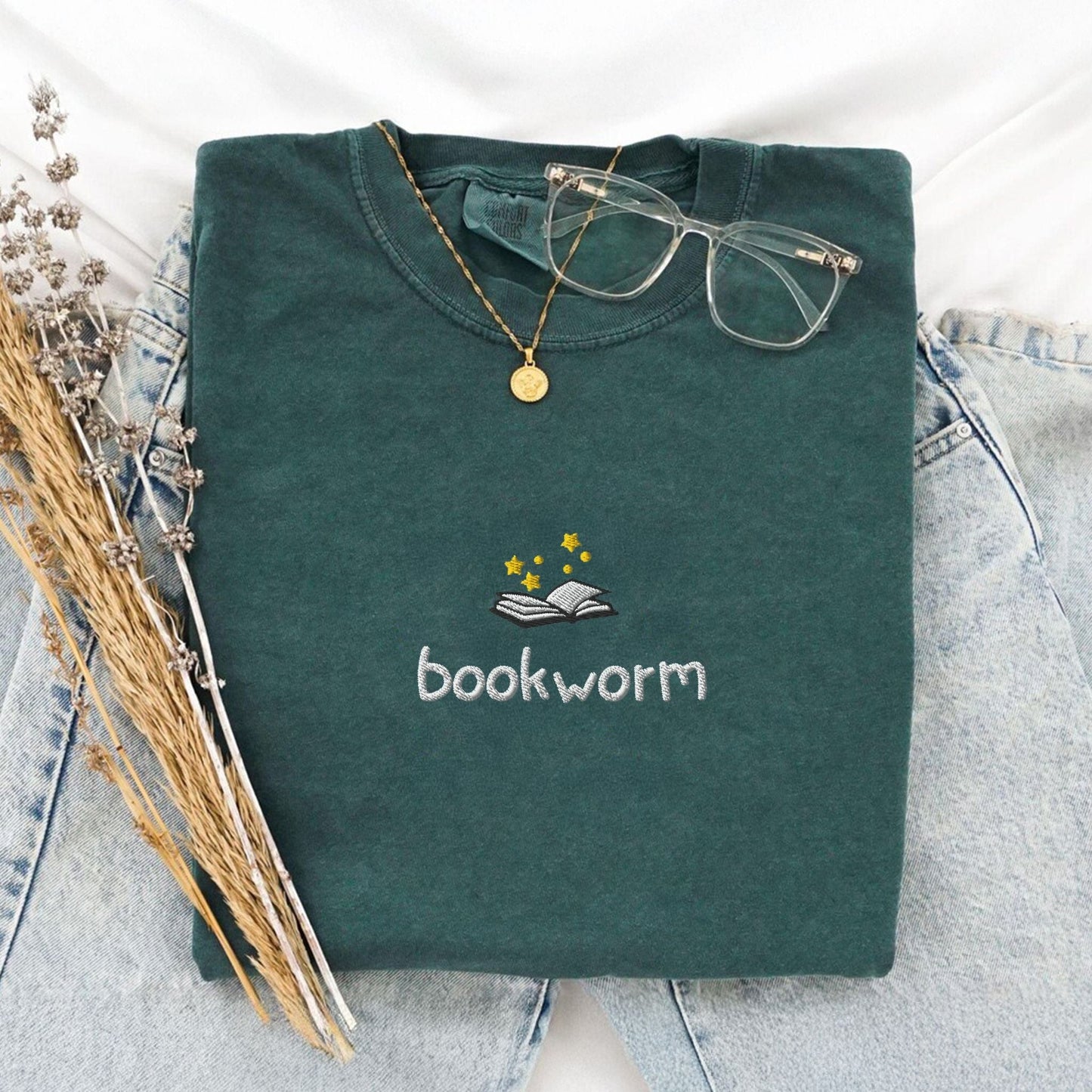My Store Cute Embroidered Bookworm T-Shirt Cute Embroidered Bookworm T-Shirt
