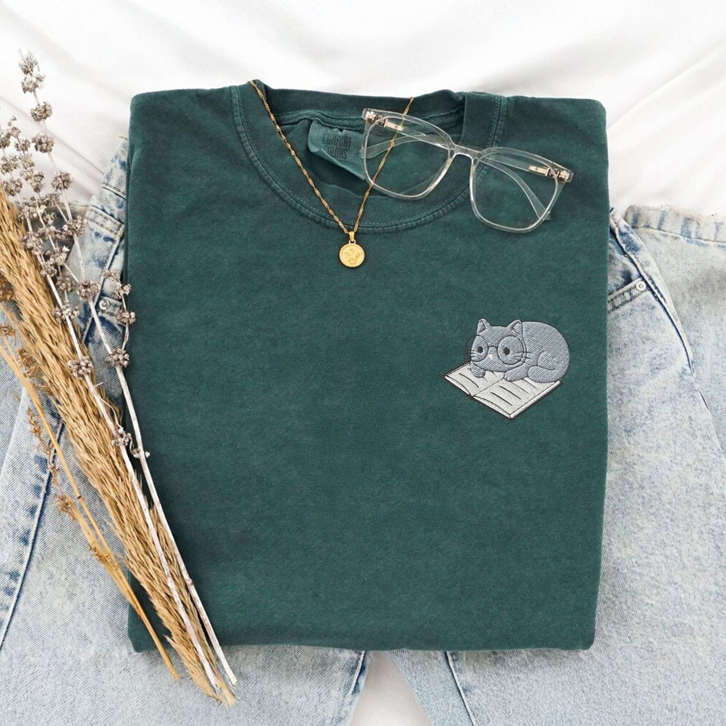 My Store Cute Embroidered Cat on a Book T-Shirt Cute Embroidered Cat on a Book T-Shirt