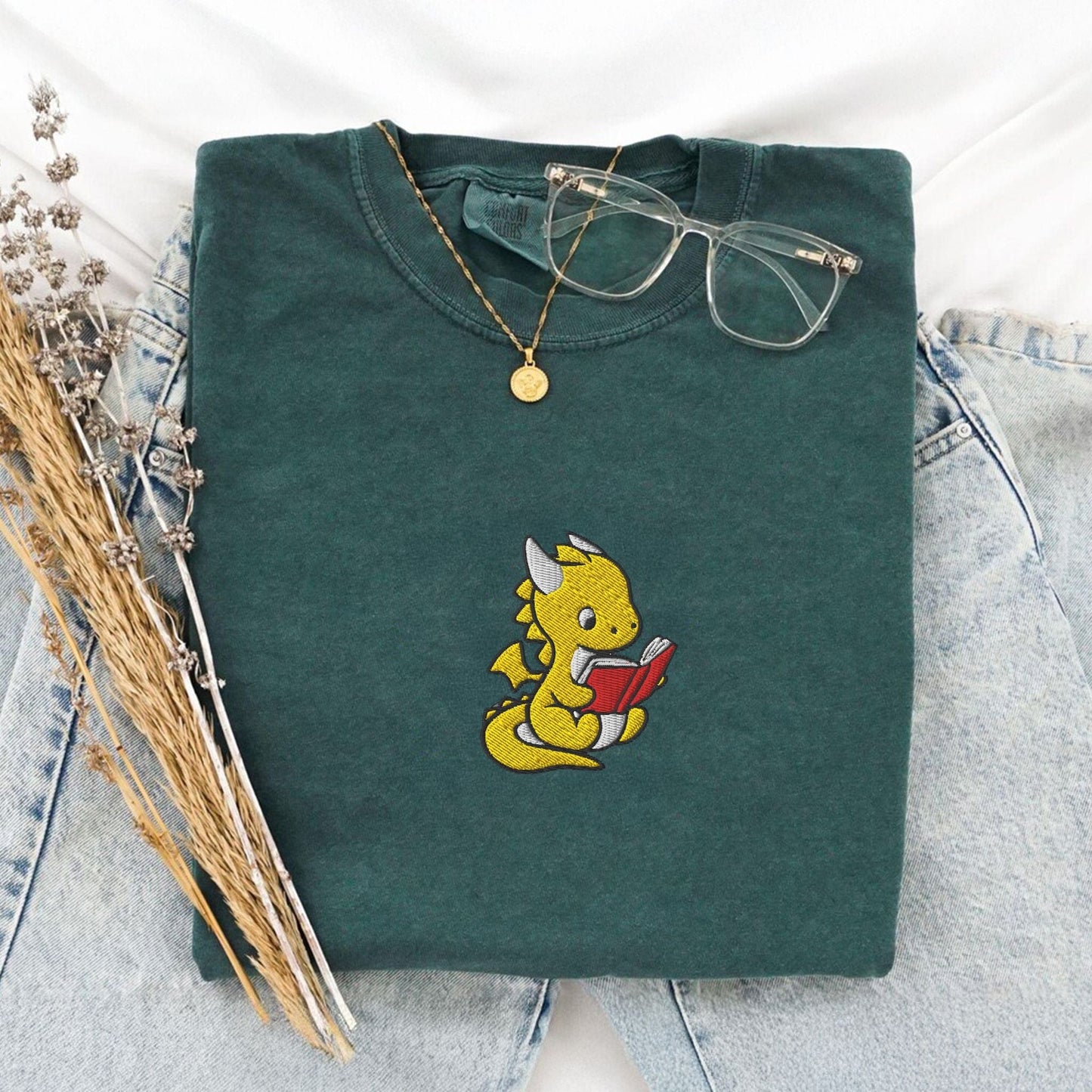 My Store Dragon Reading Embroidered T-Shirt Dragon Reading Embroidered T-Shirt