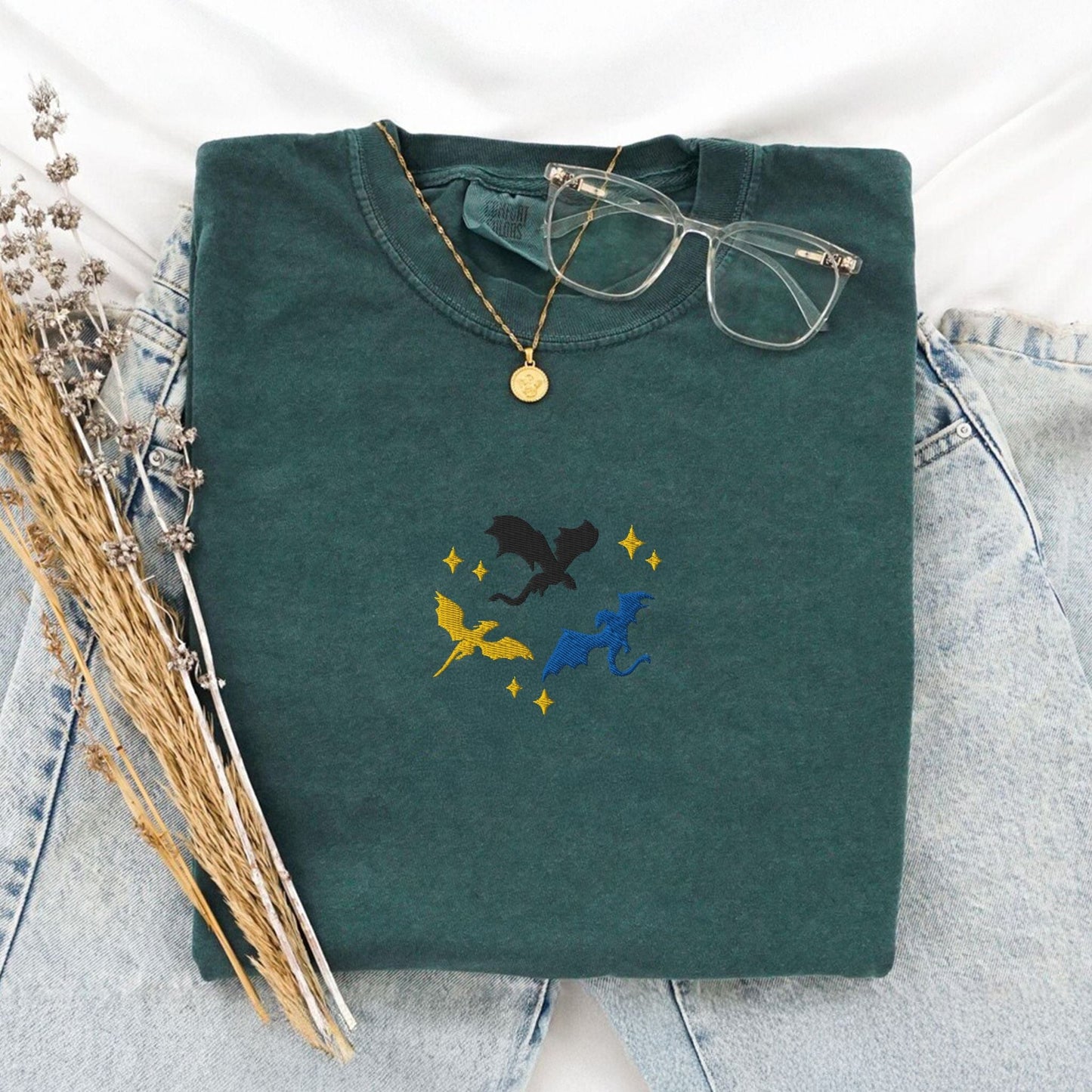 My Store Embroidered Dragons Flying Bookish Fantasy T-Shirt Embroidered Dragons Flying Bookish Fantasy T-Shirt