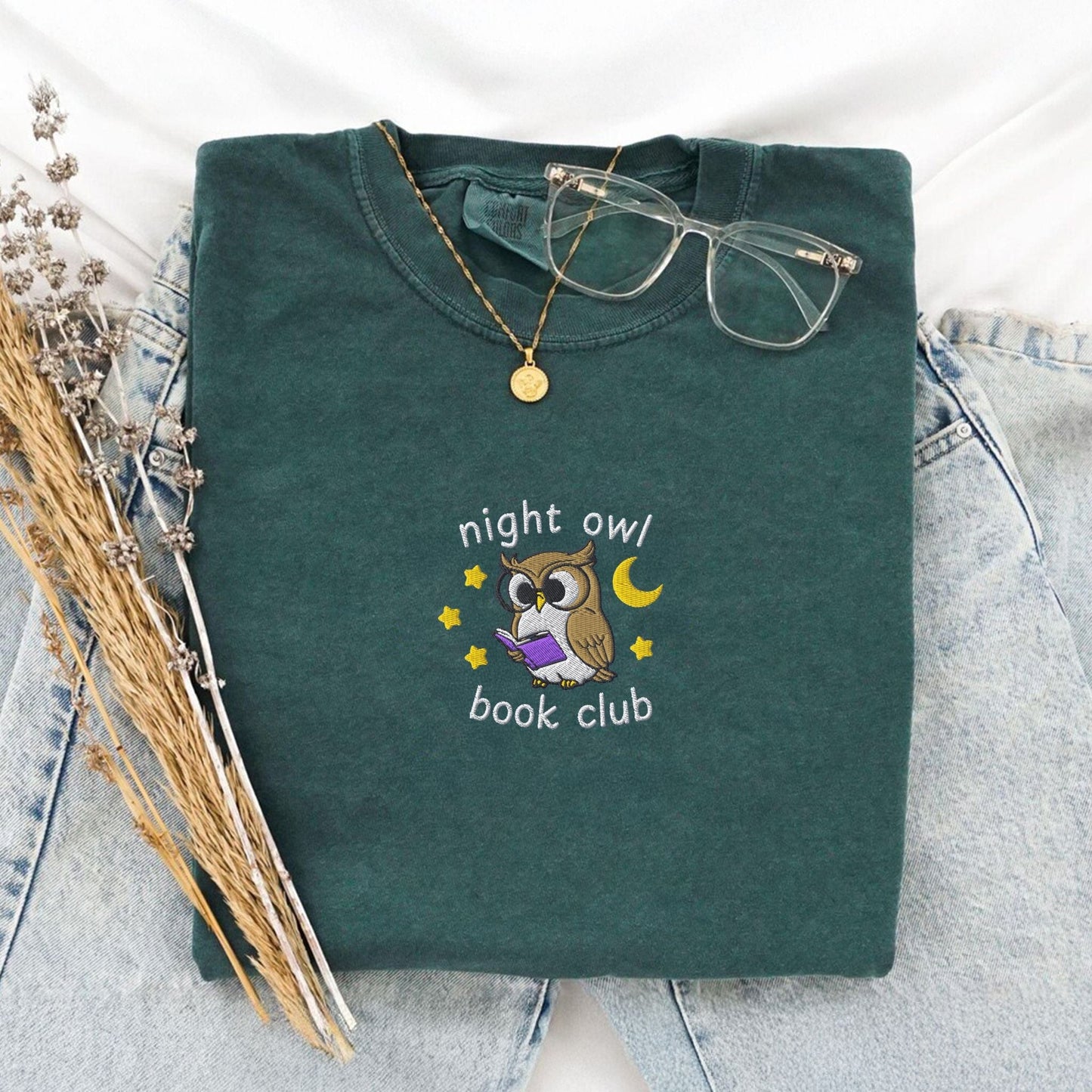 My Store Night Owl Book Club Embroidered Comfort Colors TShirt Night Owl Book Club Embroidered Comfort Colors TShirt