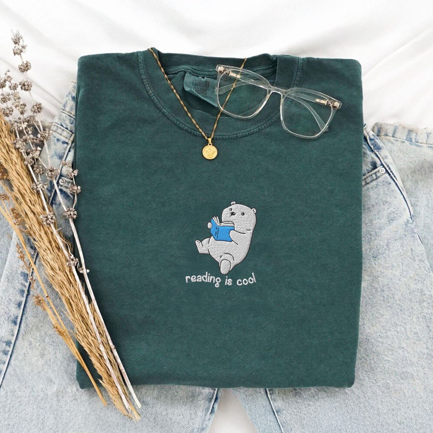 My Store Reading Is Cool Cute Embroidered Polar Bear Book T-Shirt Reading Is Cool Cute Embroidered Polar Bear Book T-Shirt