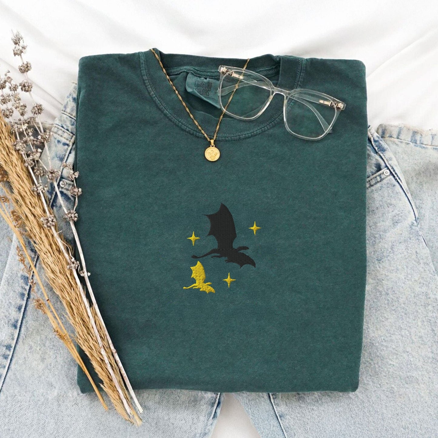 My Store Tairn and Andarna Flying Embroidered Dragons T-Shirt Tairn and Andarna Flying Embroidered Dragons T-Shirt