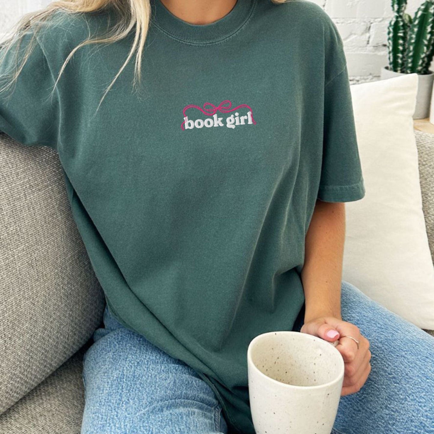 My Store Book Girl Embroidered Coquette Bow Cute Book Tee Book Girl Embroidered Coquette Bow Cute Book Tee