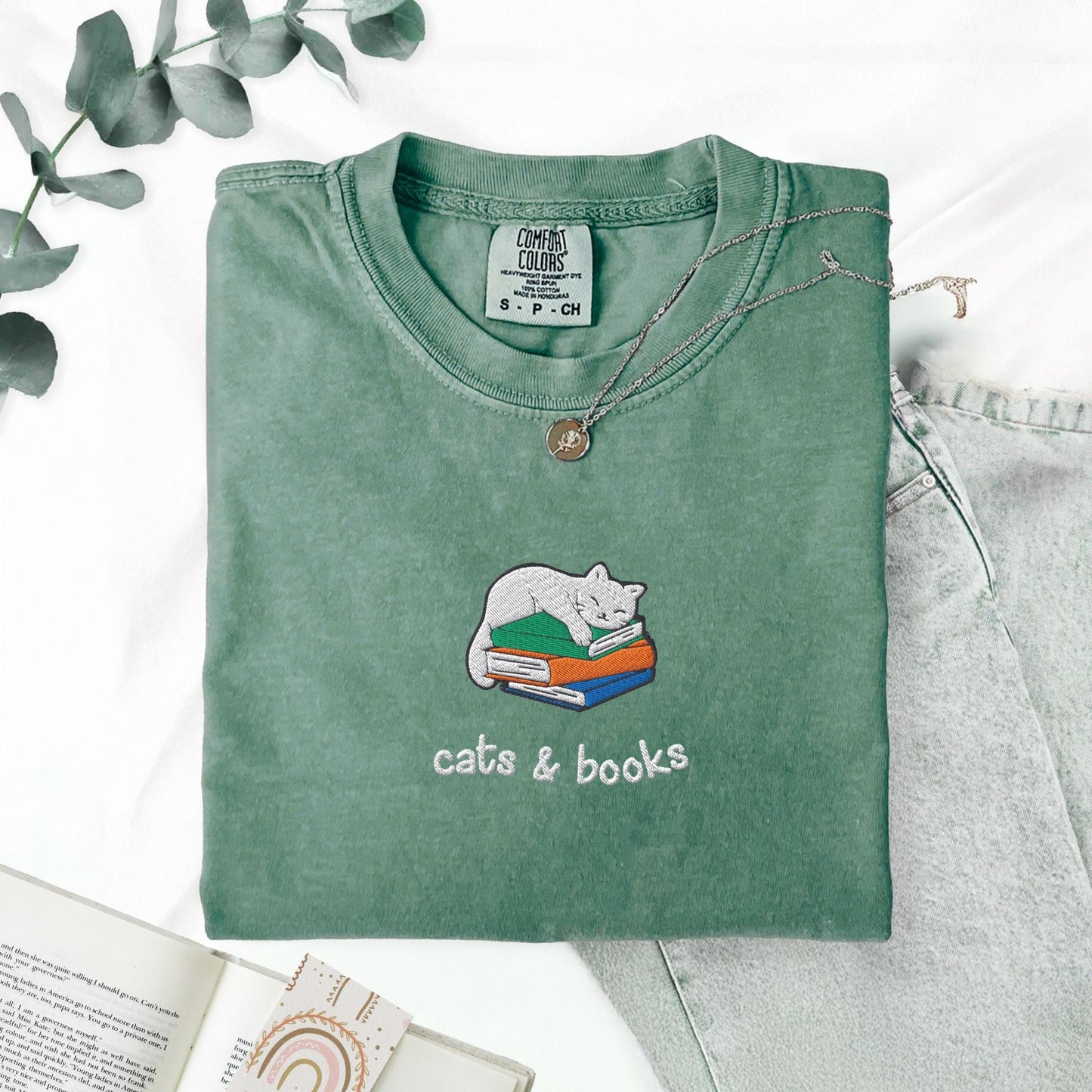 My Store Cats and Books Embroidered Comfort Colors T-Shirt Cats and Books Embroidered Comfort Colors T-Shirt