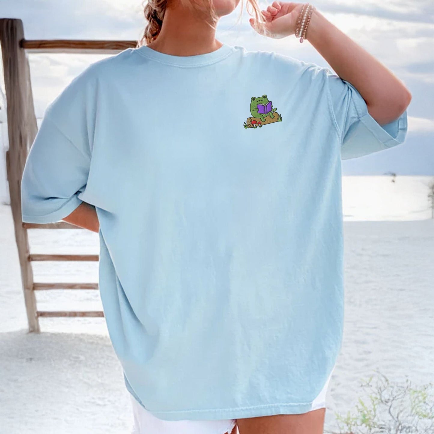 My Store Frog Reading On A Log Cute Embroidered Frog T-Shirt Frog Reading On A Log Cute Embroidered Frog T-Shirt