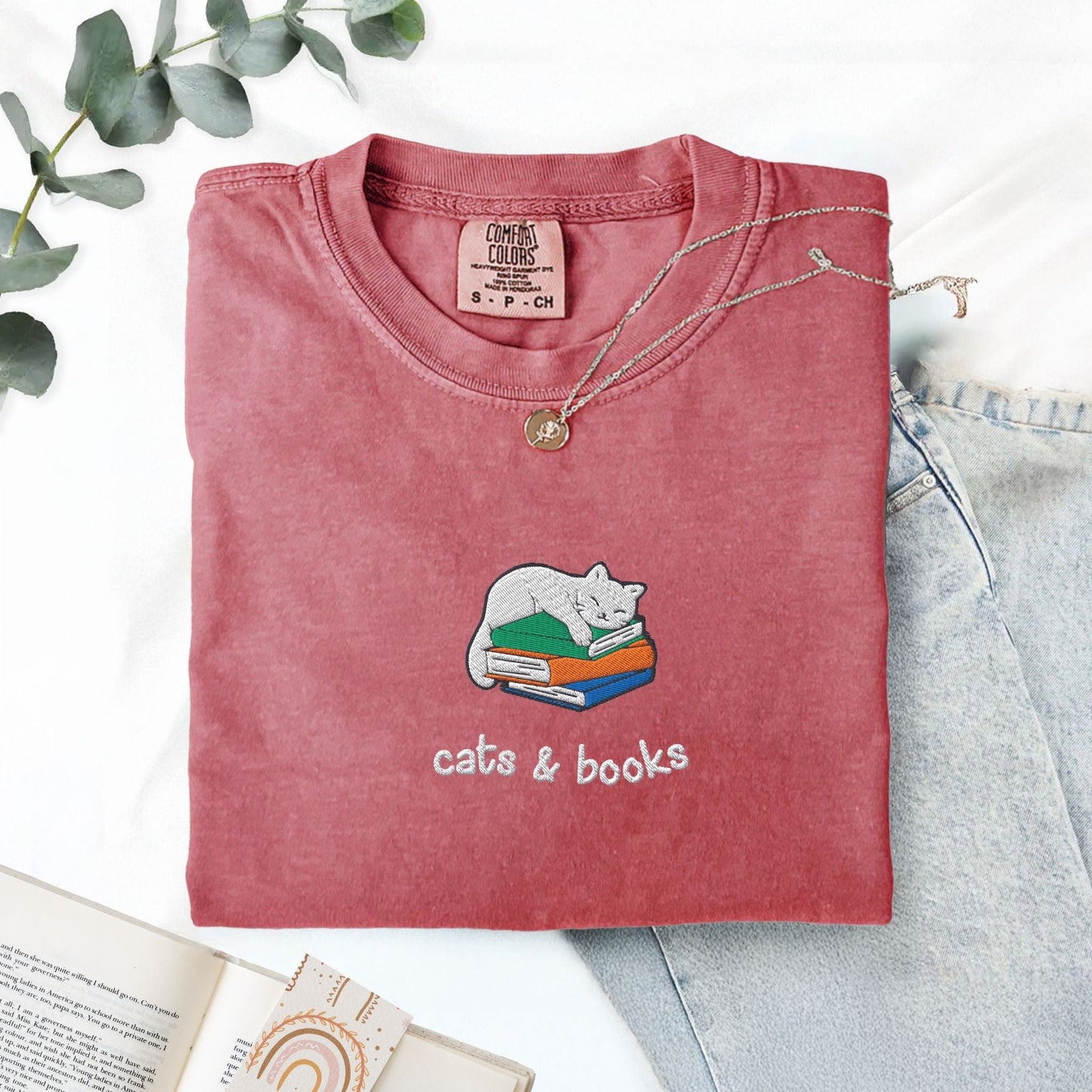 My Store Cats and Books Embroidered Comfort Colors T-Shirt Cats and Books Embroidered Comfort Colors T-Shirt