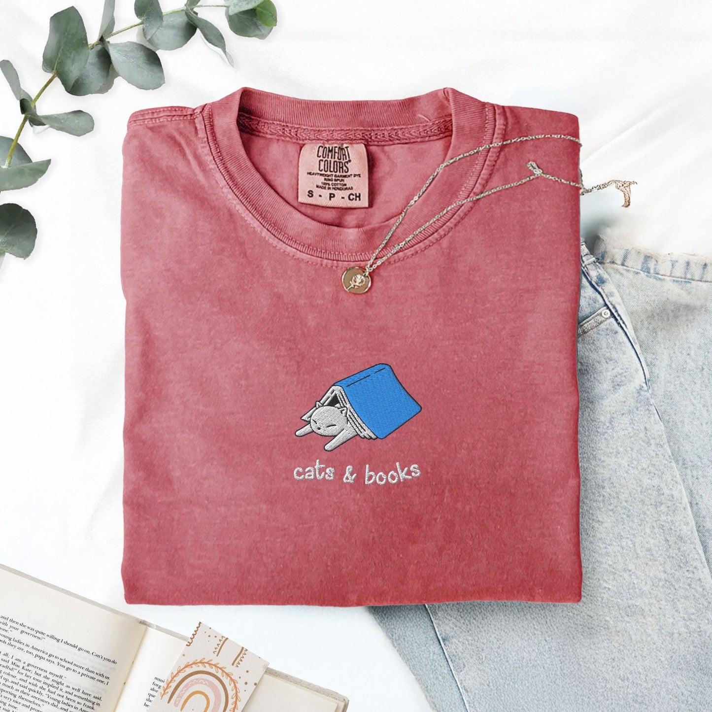 My Store Cats and Books Embroidered Comfort Colors T-Shirt Cats and Books Embroidered Comfort Colors T-Shirt
