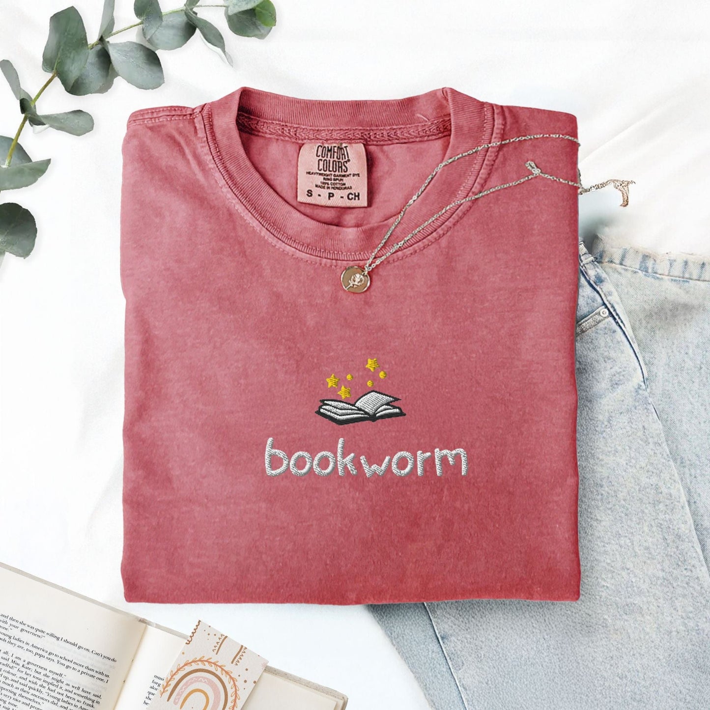 My Store Cute Embroidered Bookworm T-Shirt Cute Embroidered Bookworm T-Shirt