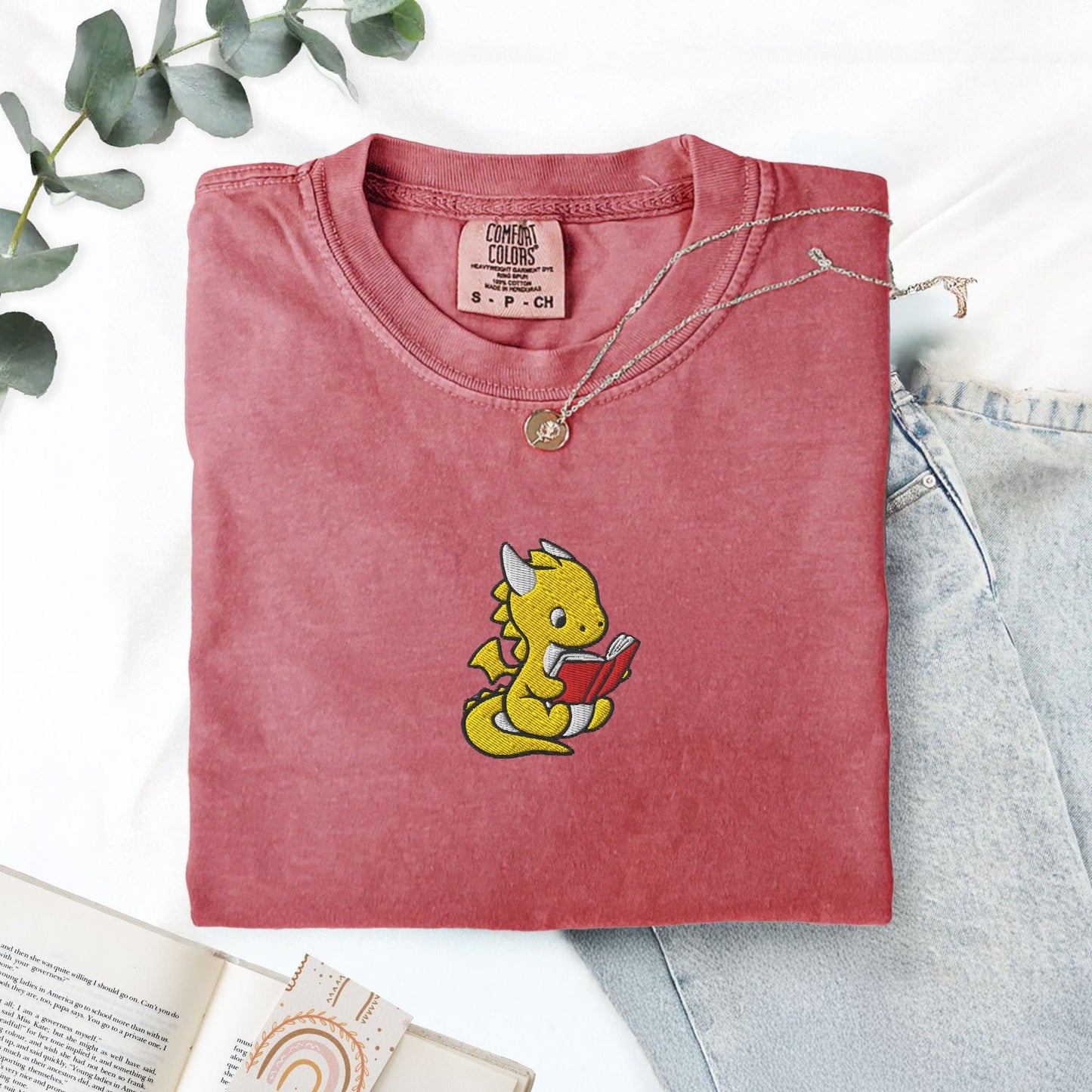 My Store Dragon Reading Embroidered T-Shirt Dragon Reading Embroidered T-Shirt