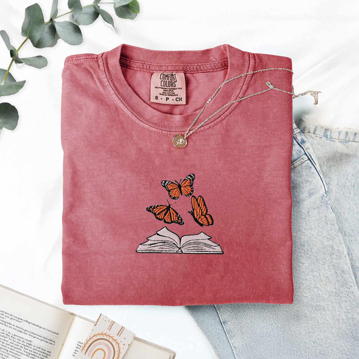 My Store Embroidered Butterflies and Books Comfort Colors TShirt Embroidered Butterflies and Books Comfort Colors TShirt