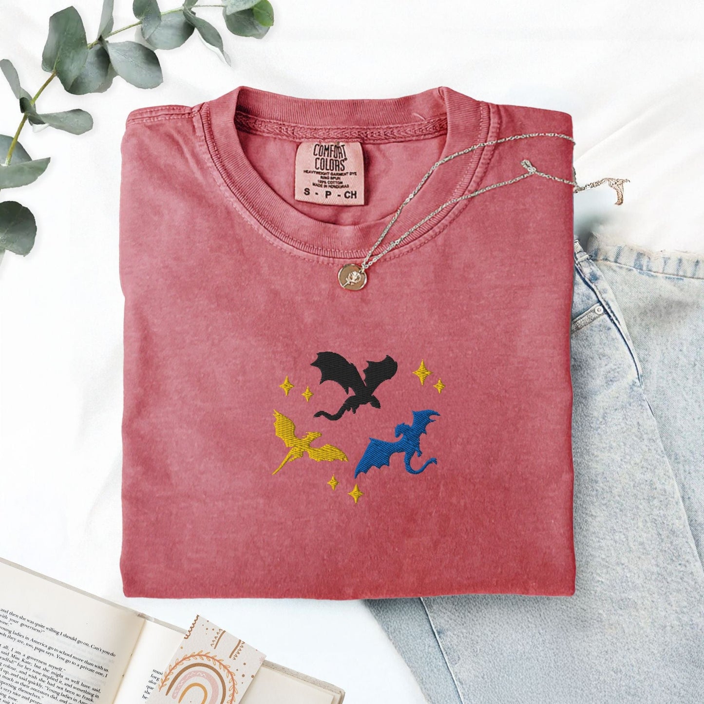 My Store Embroidered Dragons Flying Bookish Fantasy T-Shirt Embroidered Dragons Flying Bookish Fantasy T-Shirt