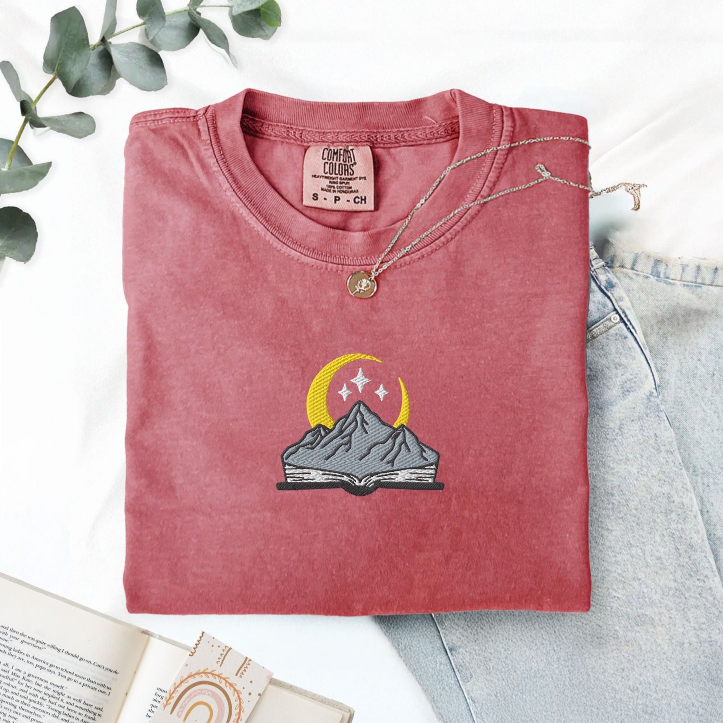 My Store Embroidered open book with mountain and stars, comfort colors embroidered fantasy book tee, ACOTAR merch Fourth Wing Romantasy bookish gift Embroidered open book with mountain and stars, comfort colors embroidered fantasy book tee, ACOTAR merch Fourth Wing Romantasy bookish gift