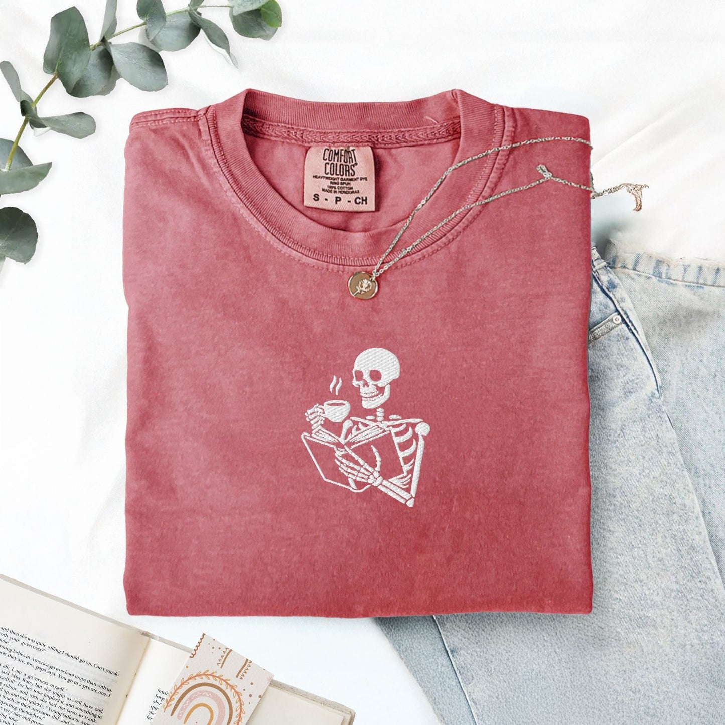 My Store Embroidered Skeleton Reading a Book Spooky Cute T-Shirt Embroidered Skeleton Reading a Book Spooky Cute T-Shirt