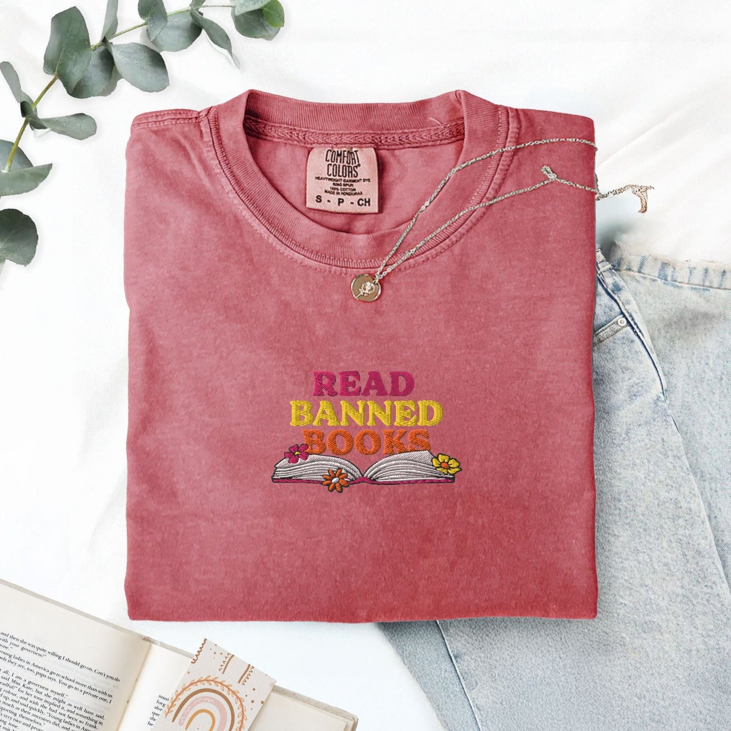 My Store Read Banned Books Rainbow Flowers Embroidered T-Shirt Read Banned Books Rainbow Flowers Embroidered T-Shirt