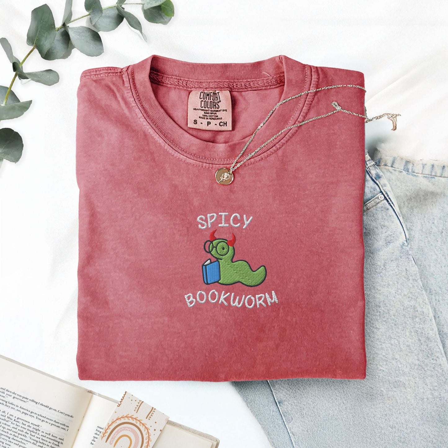 My Store Spicy Bookworm Embroidered T-Shirt Spicy Bookworm Embroidered T-Shirt