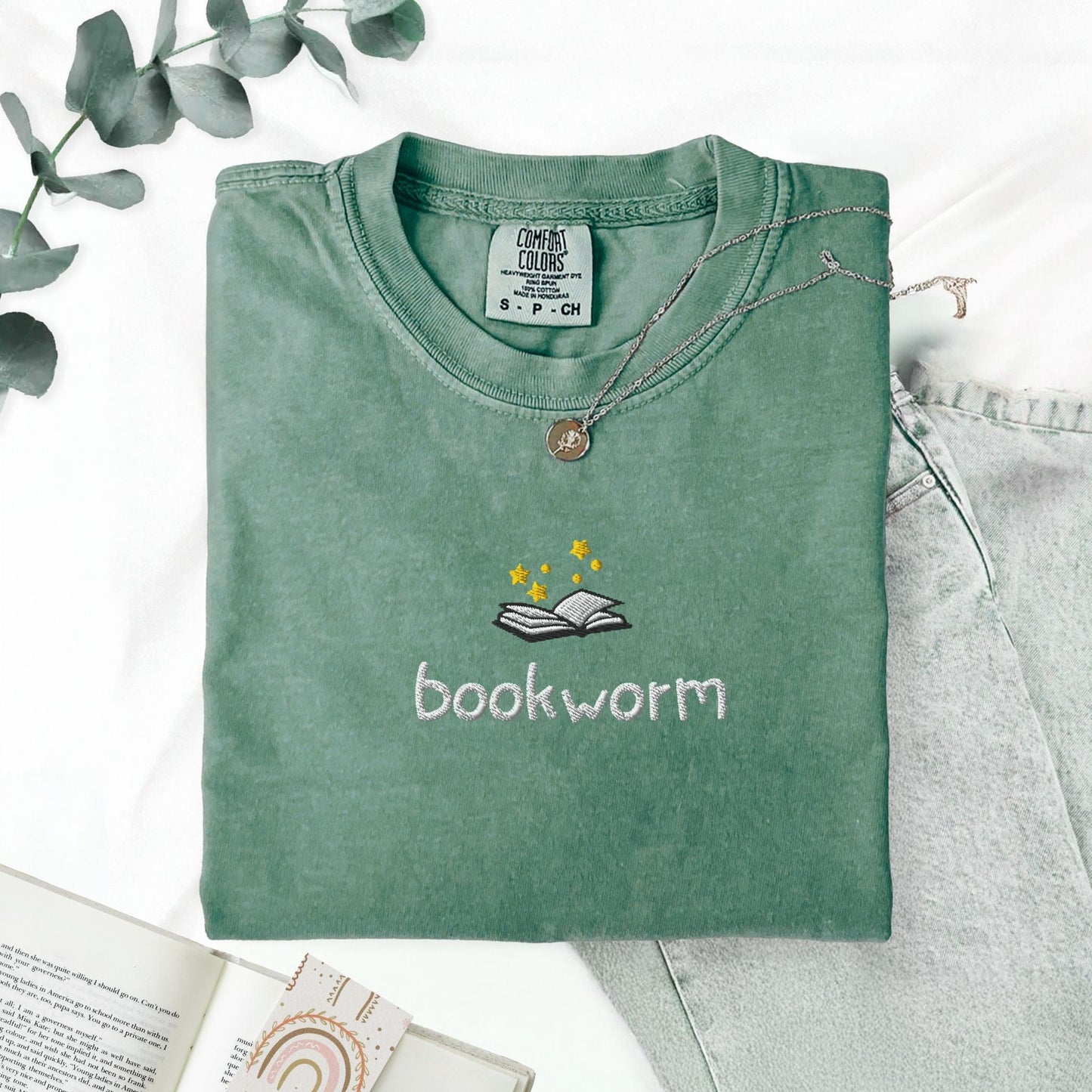 My Store Cute Embroidered Bookworm T-Shirt Cute Embroidered Bookworm T-Shirt