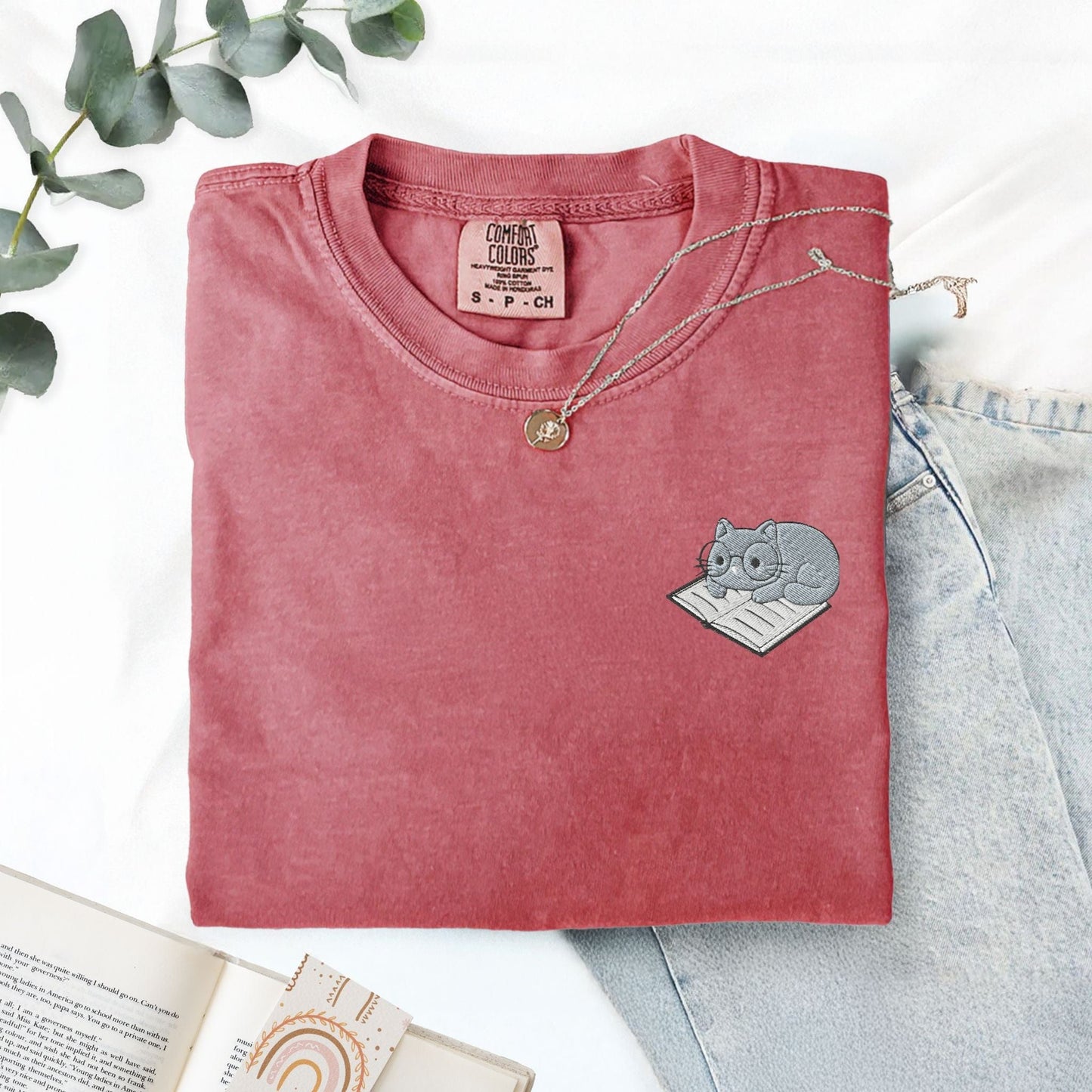 My Store Cute Embroidered Cat on a Book T-Shirt Cute Embroidered Cat on a Book T-Shirt
