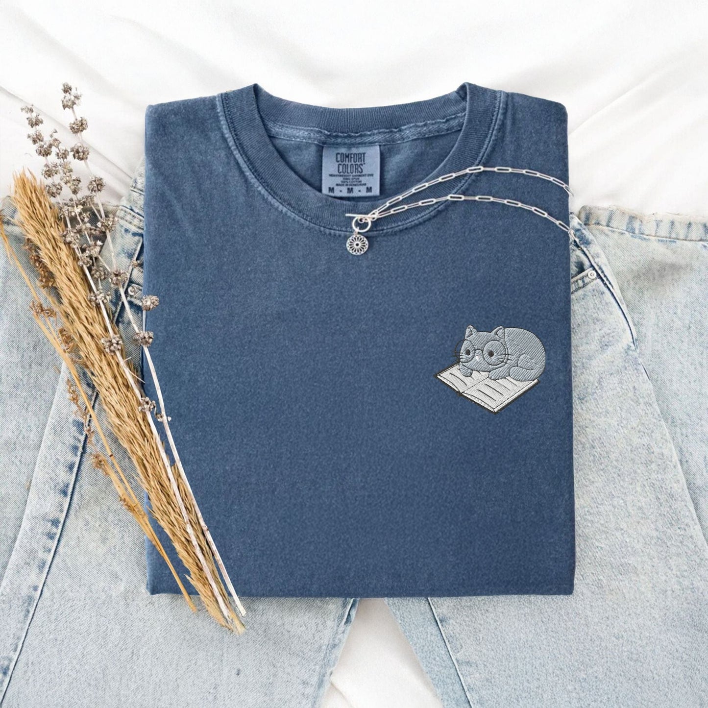 My Store Cute Embroidered Cat on a Book T-Shirt Cute Embroidered Cat on a Book T-Shirt
