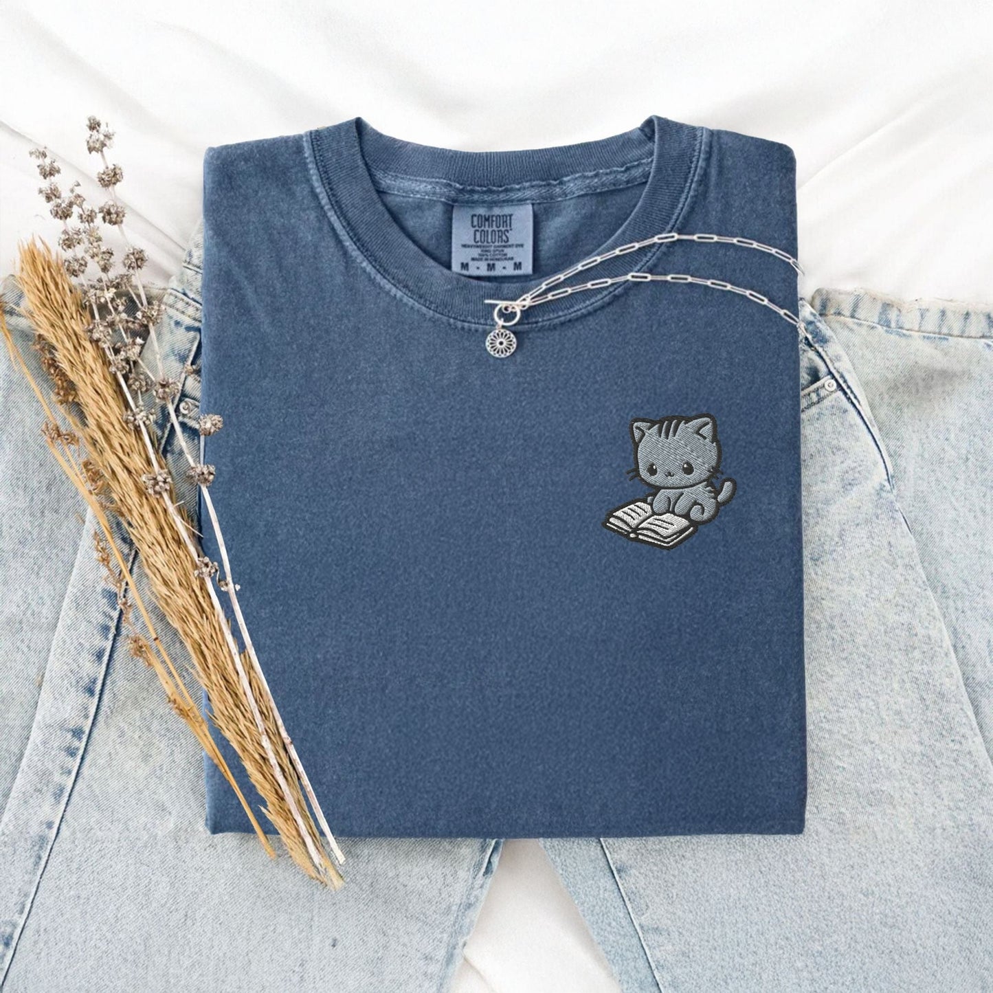 My Store Cute Embroidered Cat Reading a Book Comfort Colors T-Shirt Cute Embroidered Cat Reading a Book Comfort Colors T-Shirt