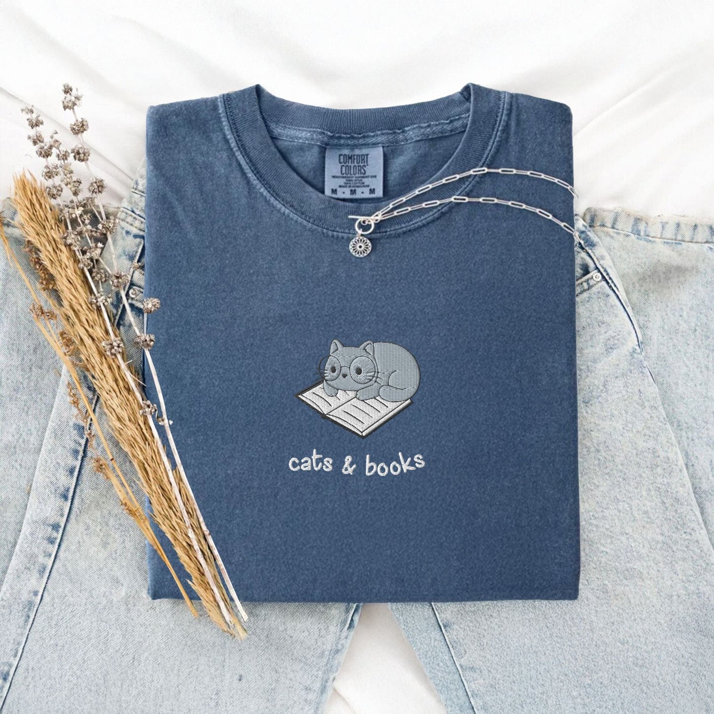 My Store Cats and Books Embroidered Comfort Colors T-Shirt Cats and Books Embroidered Comfort Colors T-Shirt