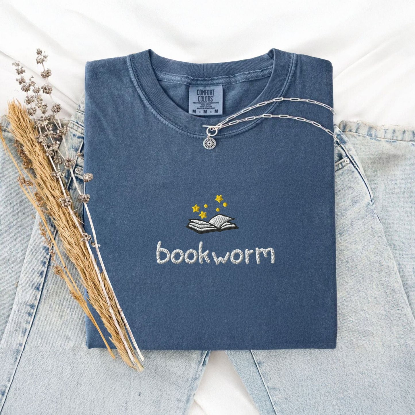 My Store Cute Embroidered Bookworm T-Shirt Cute Embroidered Bookworm T-Shirt