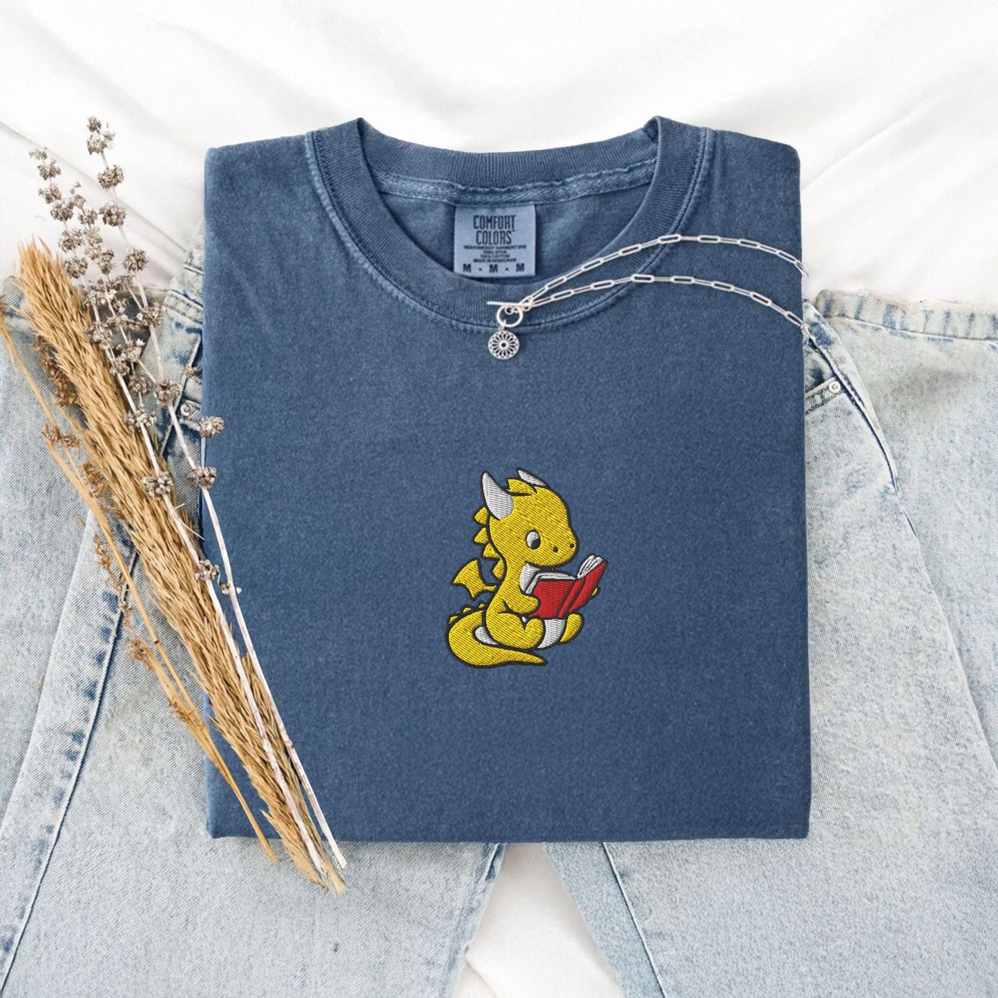 My Store Dragon Reading Embroidered T-Shirt Dragon Reading Embroidered T-Shirt
