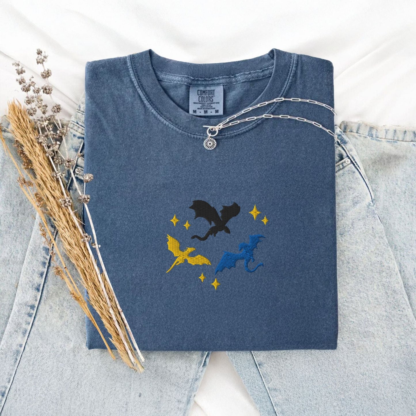 My Store Embroidered Dragons Flying Bookish Fantasy T-Shirt Embroidered Dragons Flying Bookish Fantasy T-Shirt