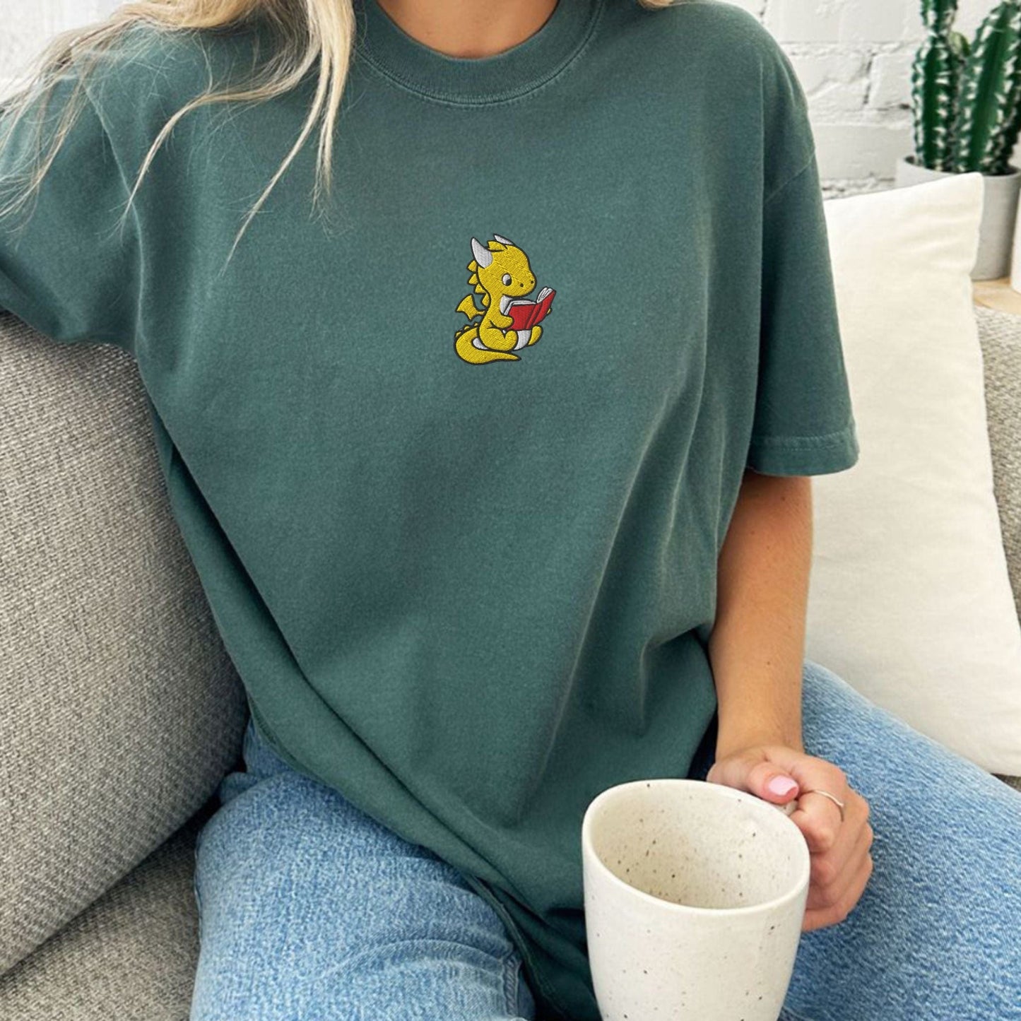 My Store Dragon Reading Embroidered T-Shirt Dragon Reading Embroidered T-Shirt