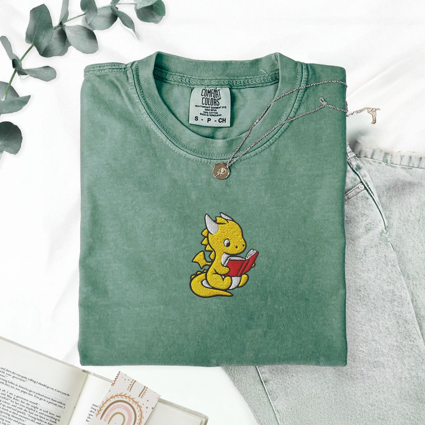 My Store Dragon Reading Embroidered T-Shirt Dragon Reading Embroidered T-Shirt