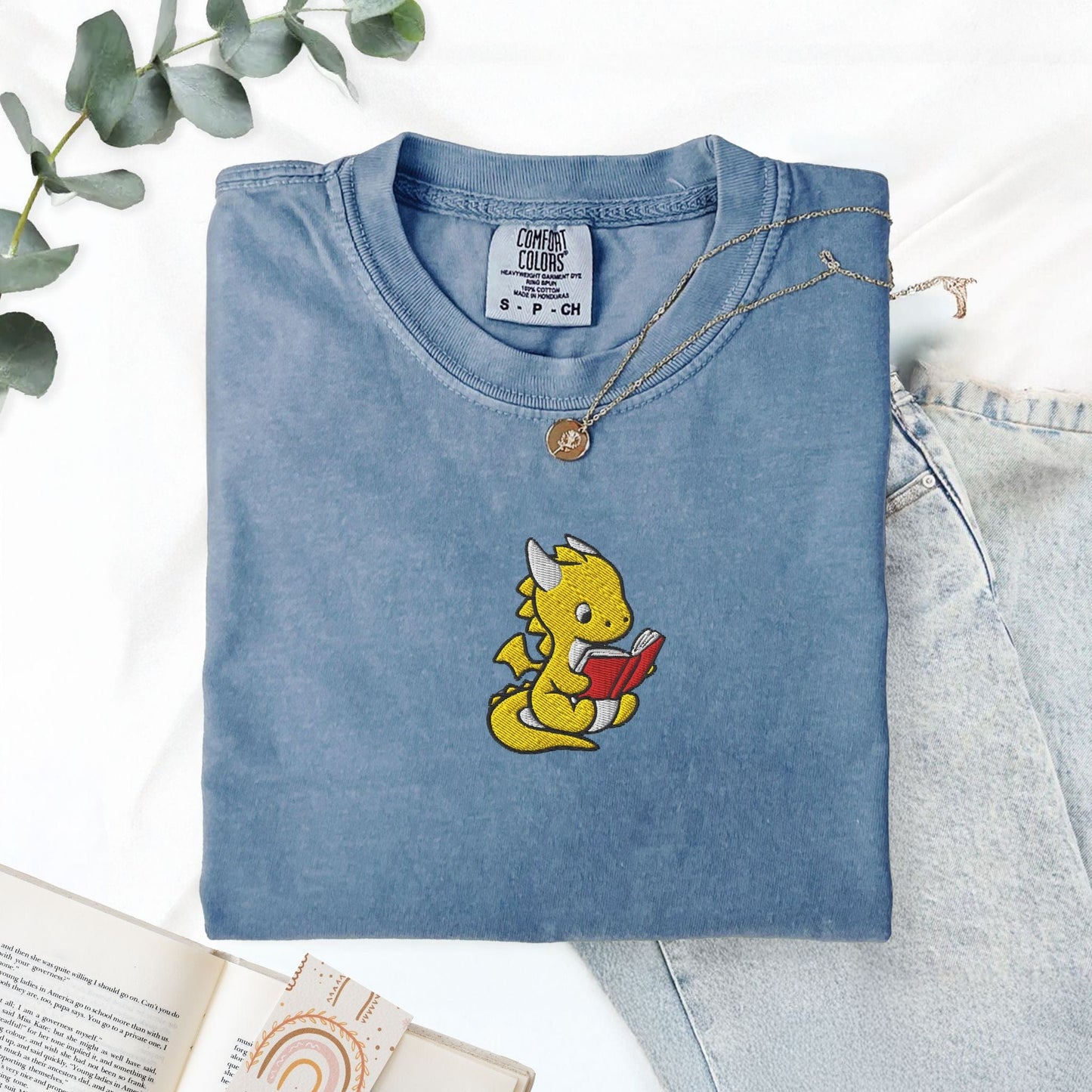 My Store Dragon Reading Embroidered T-Shirt Dragon Reading Embroidered T-Shirt