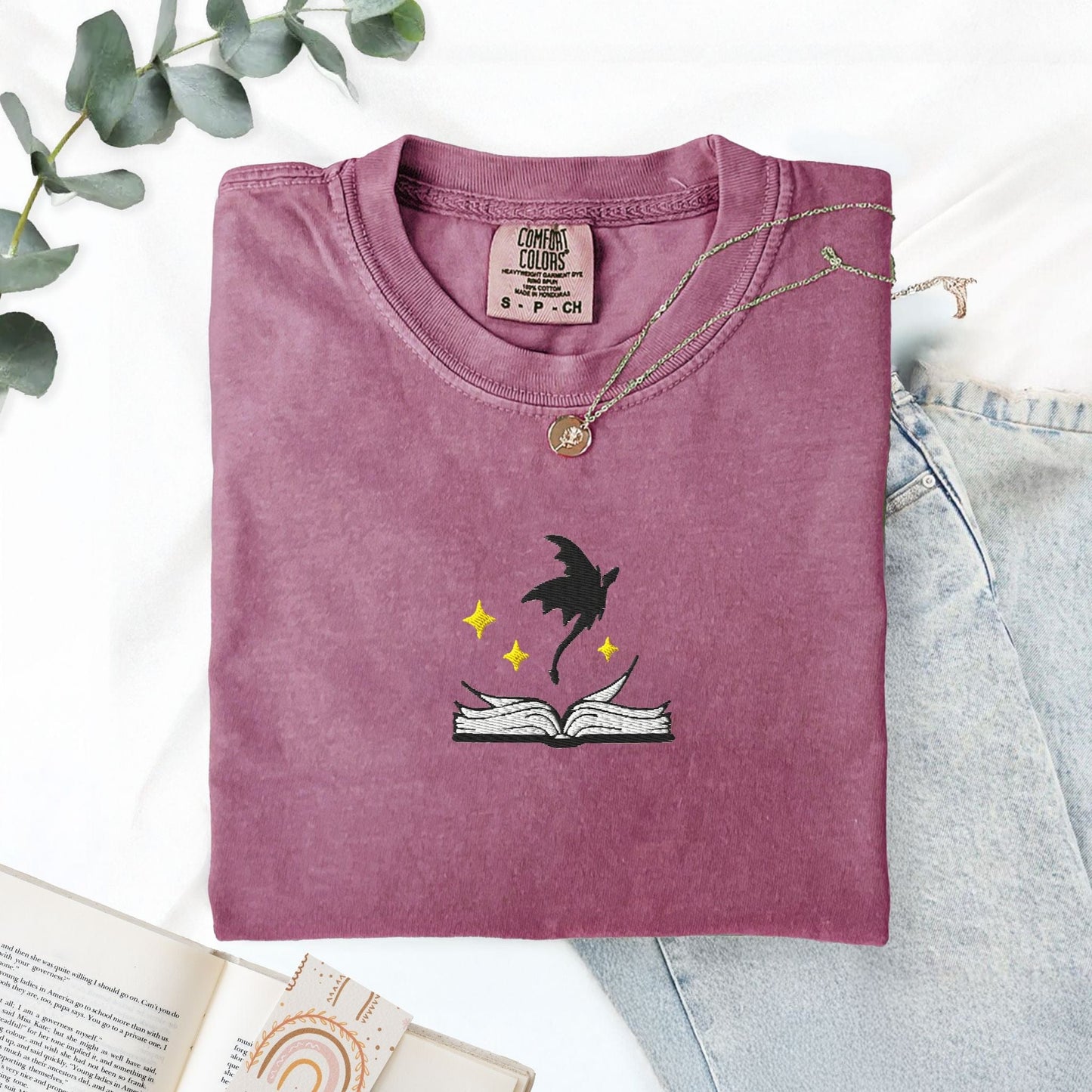 My Store Embroidered Dragon Flying Fantasy Book T-Shirt Embroidered Dragon Flying Fantasy Book T-Shirt