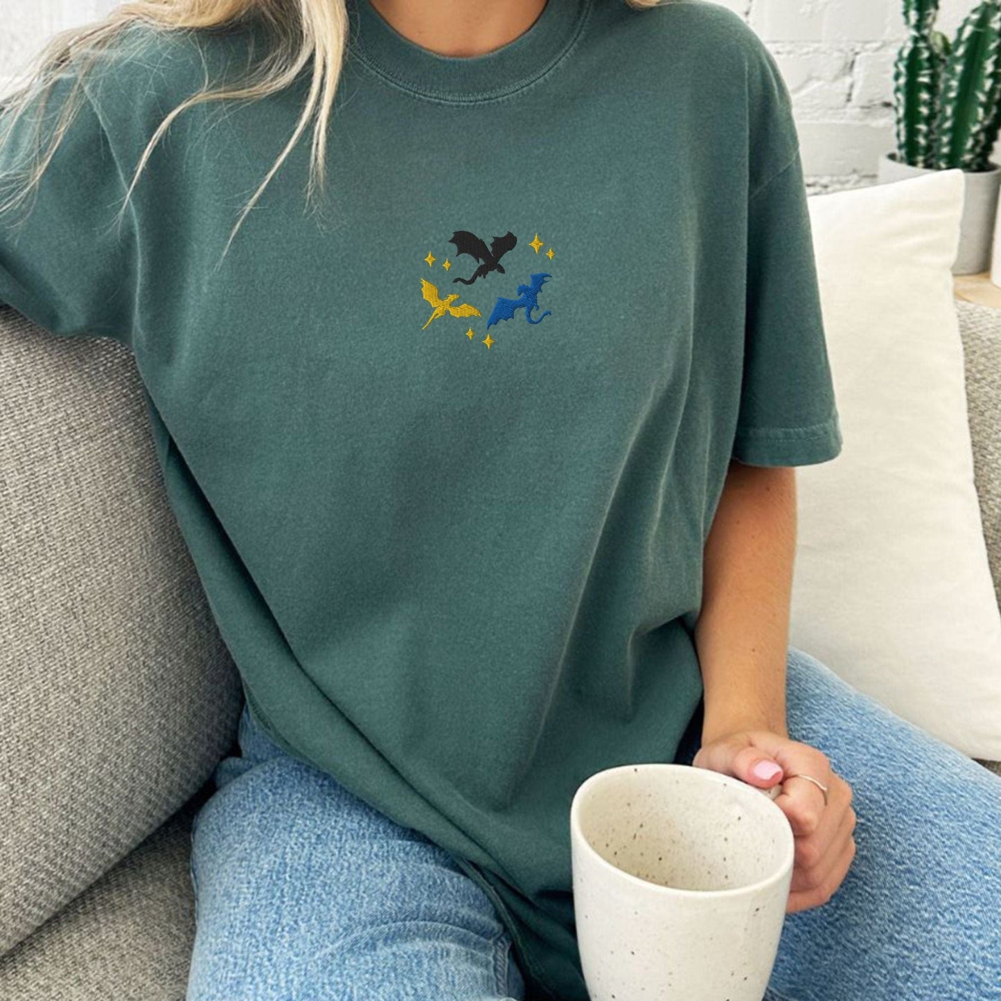 My Store Embroidered Dragons Flying Bookish Fantasy T-Shirt Embroidered Dragons Flying Bookish Fantasy T-Shirt